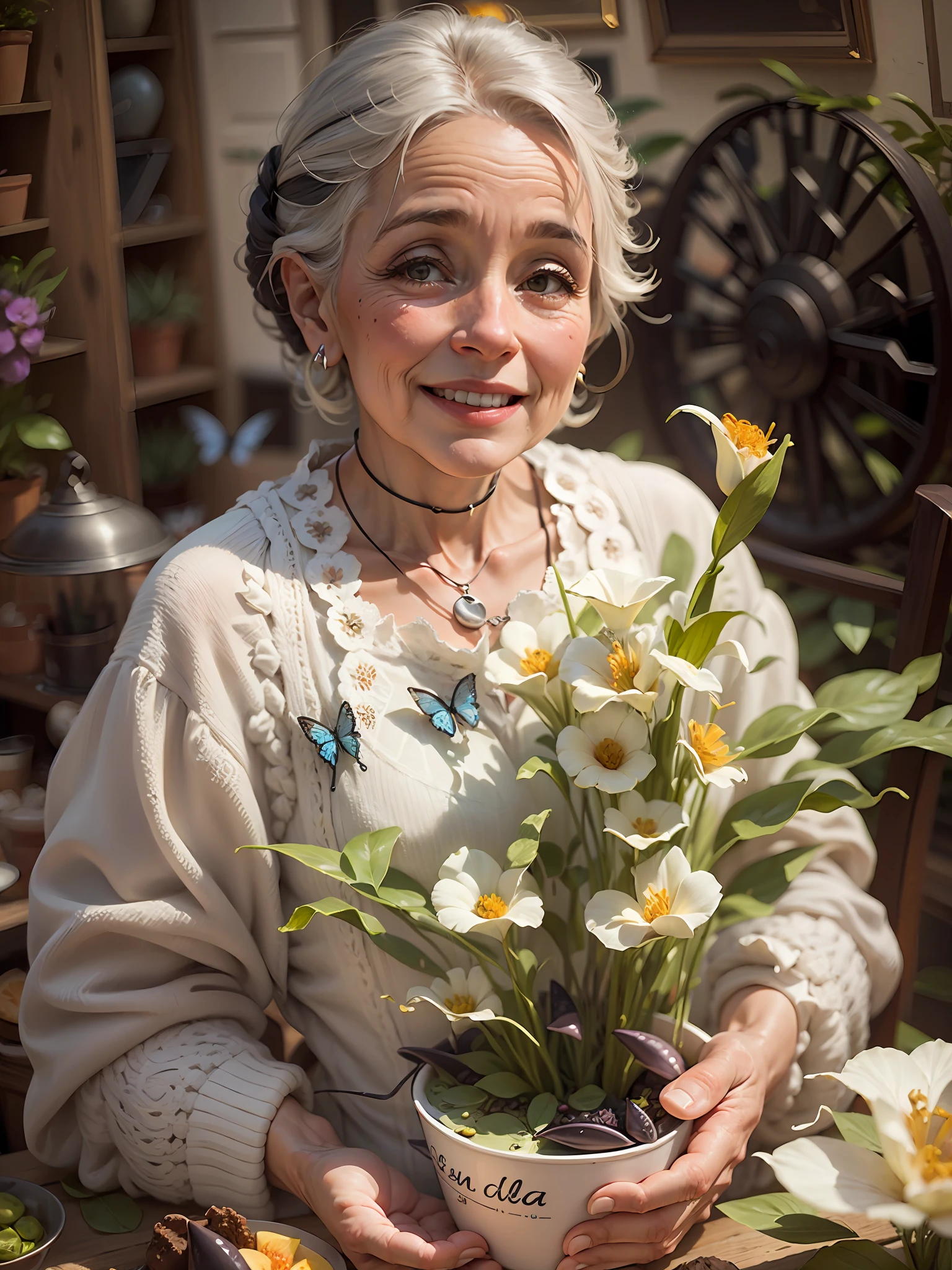fondo simple, (((flor de cala))), anciana, (((cabello negro))), abuela, sonriendo, rostro gentil, mariposas, (((remover collar)))