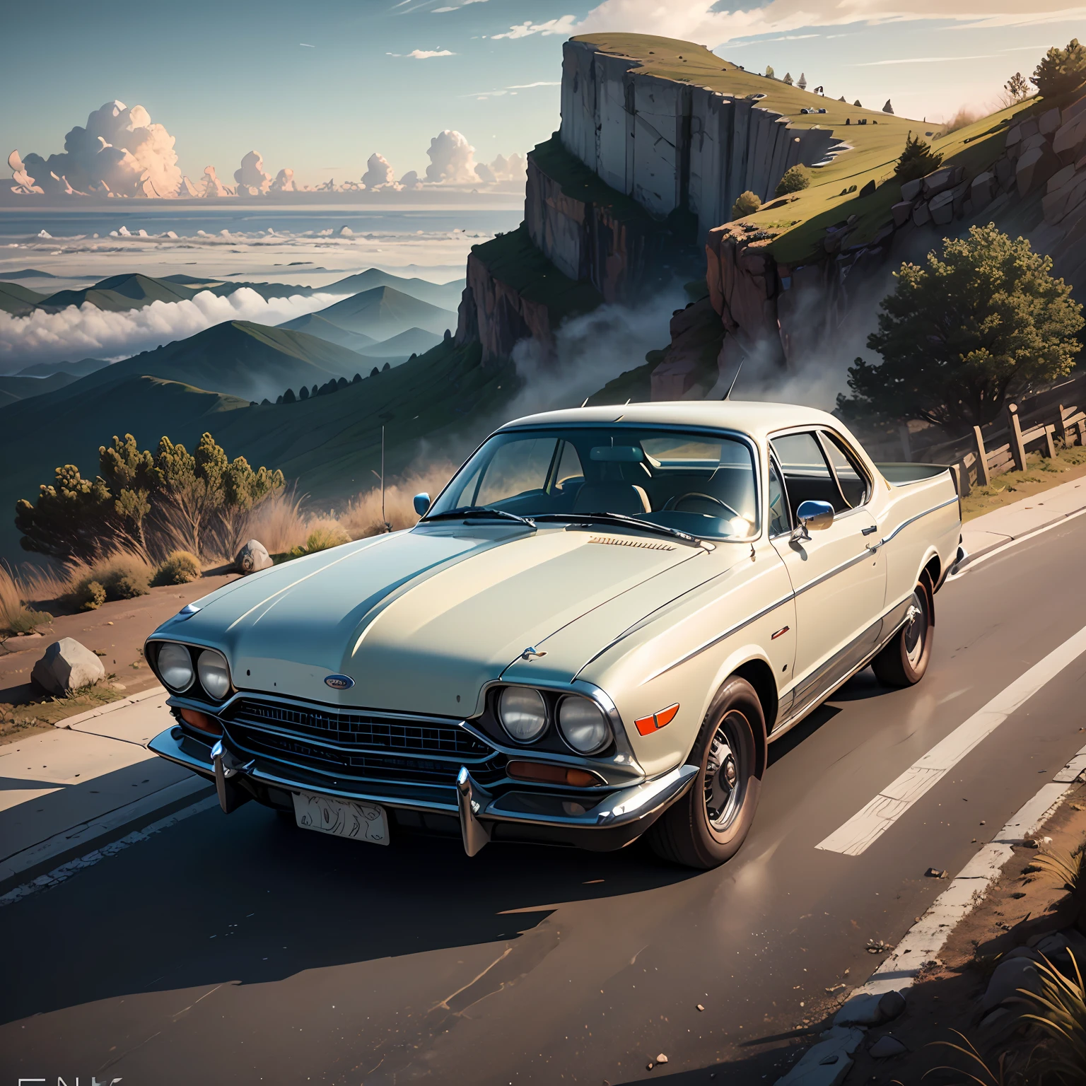 (ultra-detailed CG unity 8k wallpaper,masterpiece, best quality),floating over the misty and dramatic landscape and cloudscape at twilight, Ford T model car parked on a cliff near a winding road in the distance,white clouds covering the hills, the car presents the symbol of a new era of automobiles as a landmark in history. --auto
