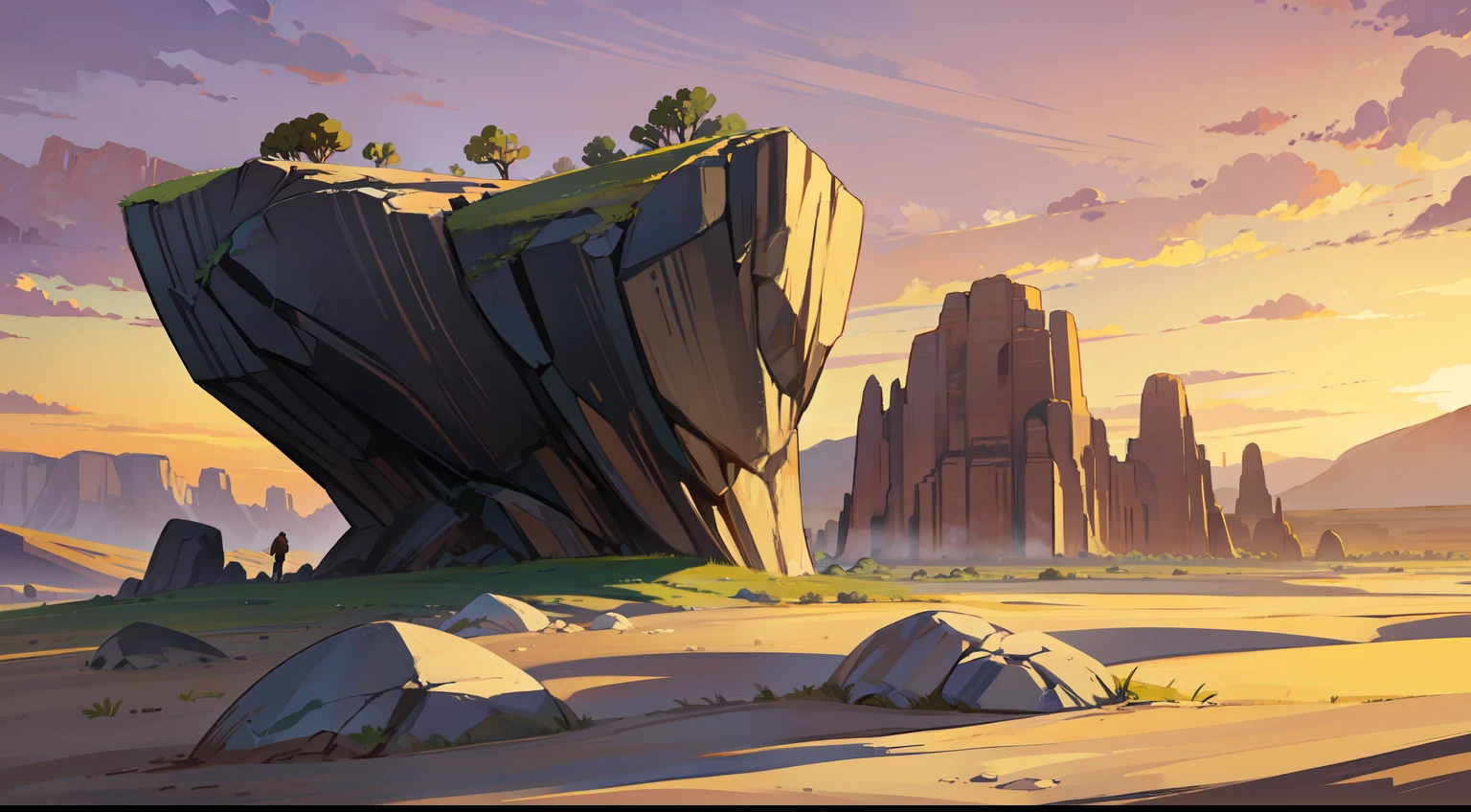 A desert landscape with a rock formation in the background,