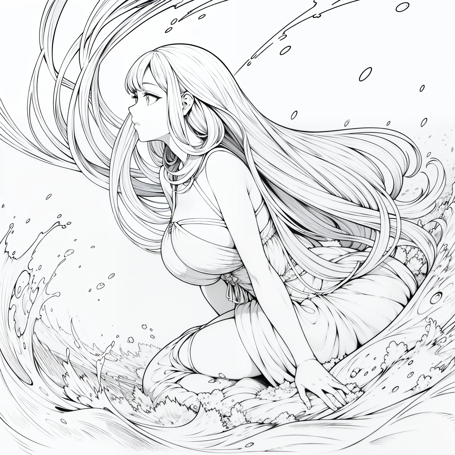 mujer nadando en el mar, primer plano, con arte lineal, monocromo