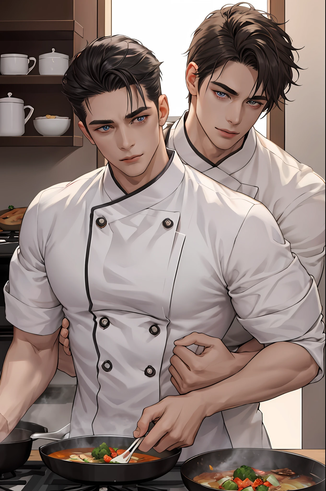 high-level image quality，two handsome men，Elaborate Eyes，Slightly muscular，large tall，Random Hairstyles，Rough clothing，cuisine，cooking a，adorable eyes，janelas，Soft sunshine，𝓡𝓸𝓶𝓪𝓷𝓽𝓲𝓬，