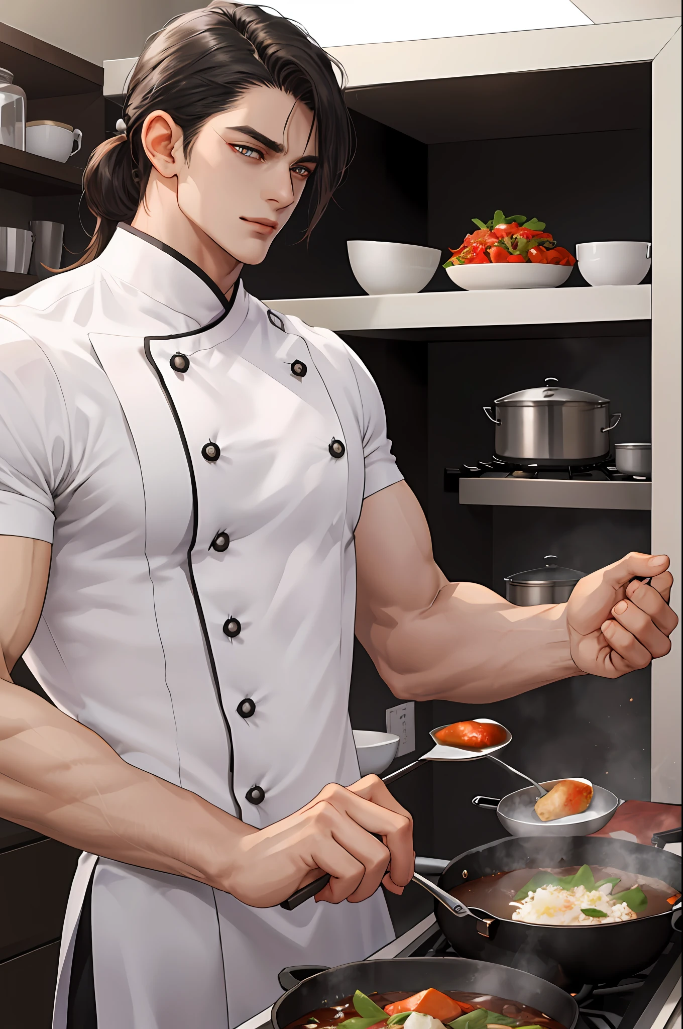 high-level image quality，two handsome men，Elaborate Eyes，Slightly muscular，large tall，Random Hairstyles，Rough clothing，cuisine，cooking a，adorable eyes，janelas，Soft sunshine，𝓡𝓸𝓶𝓪𝓷𝓽𝓲𝓬，