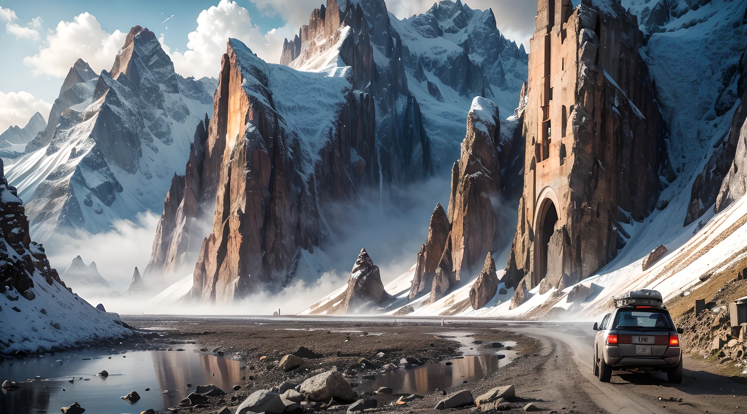 Bird POV, mountains, valley, river, snow mountains, trash, dirt, rocks, trees, sci-fi, aliens planet, entangled vegetables, bizarre, werid, strange, unknown, science fiction, ruins, ancient village, nuclear waste, lost, ultradetailed, fog, dark matter, dark, ((hole in the mountains)), tunnel, aliens writing