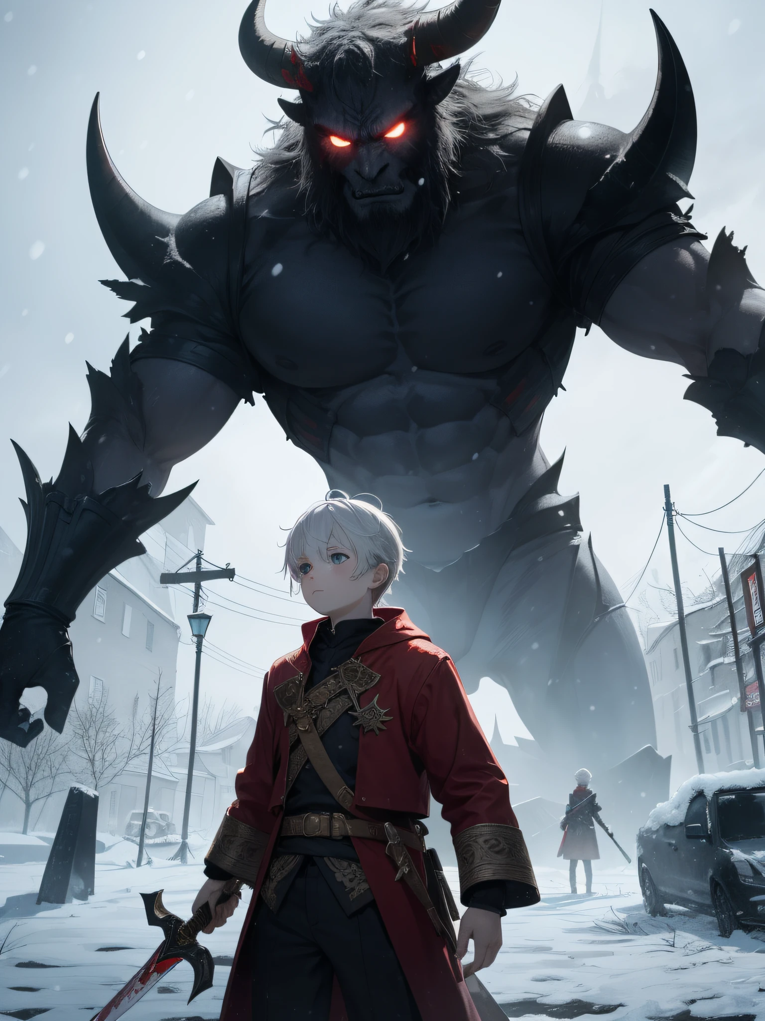 An epic scene in a desolate village reduced to ruin, it is snowing and there is a young white-haired boy who even bruised and bleeding holds a sword and faces a giant demon with dark skin and big horns