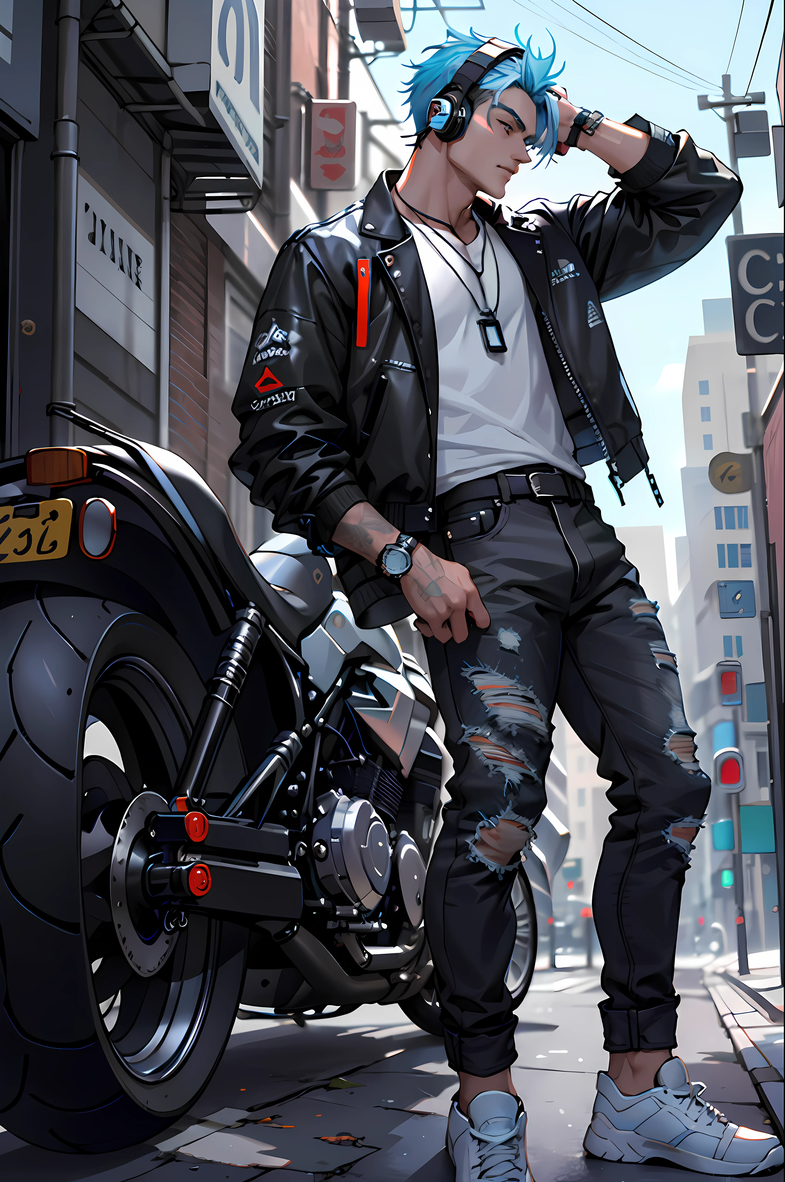 Best Quority， Super-High Resolution， （realisticlying：1.4）， A cool boy in a glowing translucent material，blue hairs，headset on head，cyberpunked，Swing motion，Side shot，fullllbody，Leaning against the black motorcycle，Street colorful clothes，There are a lot of decorations on the head and clothes，Stand on realistic ground，the street，afofuturism，sense of science and technology，full length shoot，Translucent colorer，Glossy material，A clean background，the best quality，ultra detali，cinmatic lighting，Dark Boy，Cool décor，wristwatch，Silver necklace，ear pierce，ripped jeans，