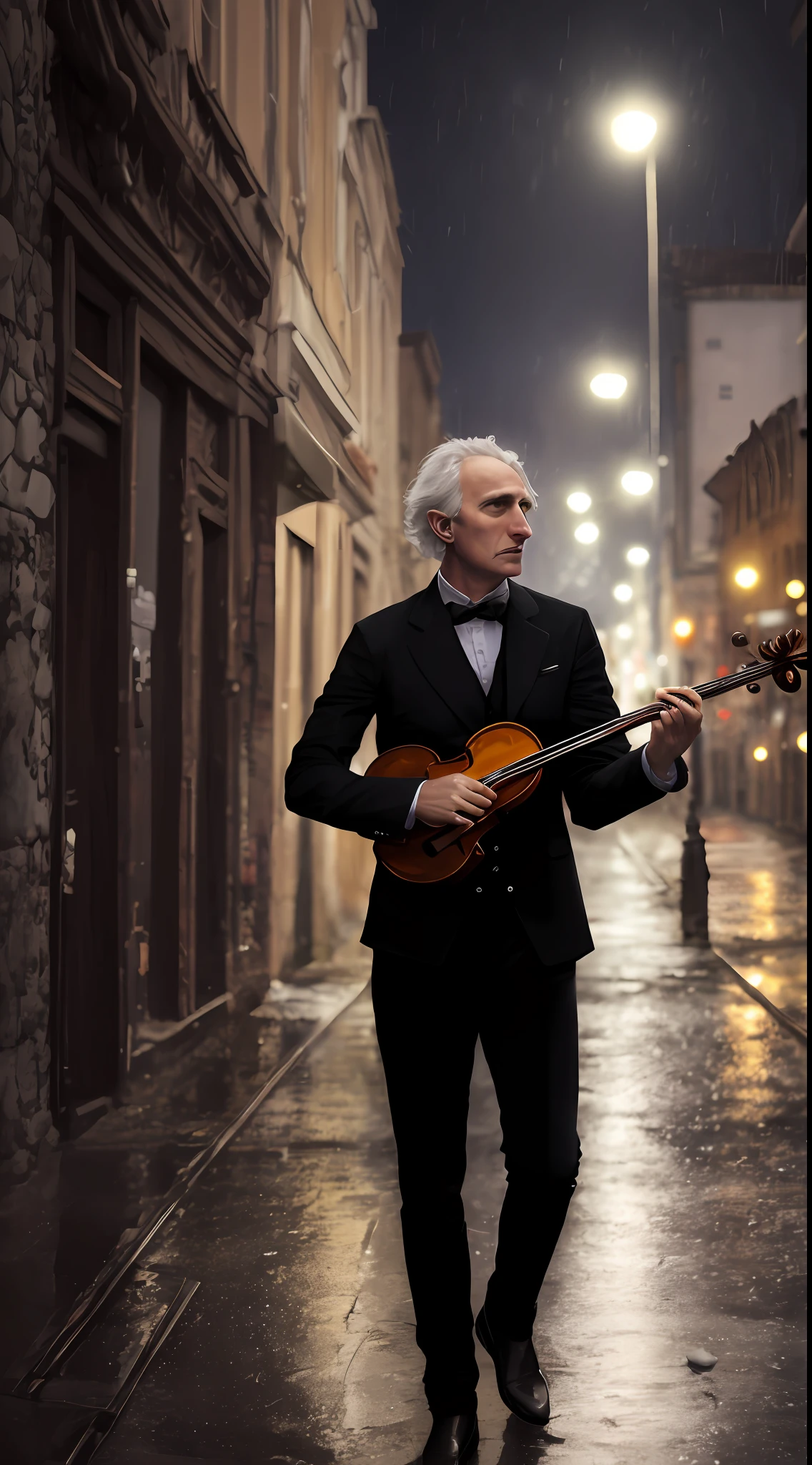 Niccolò Paganini playing his violin, en la calle, bajo una noche tenue, con lluvia y neblina con cabello largo y ropa muy detallada de color vino tinto