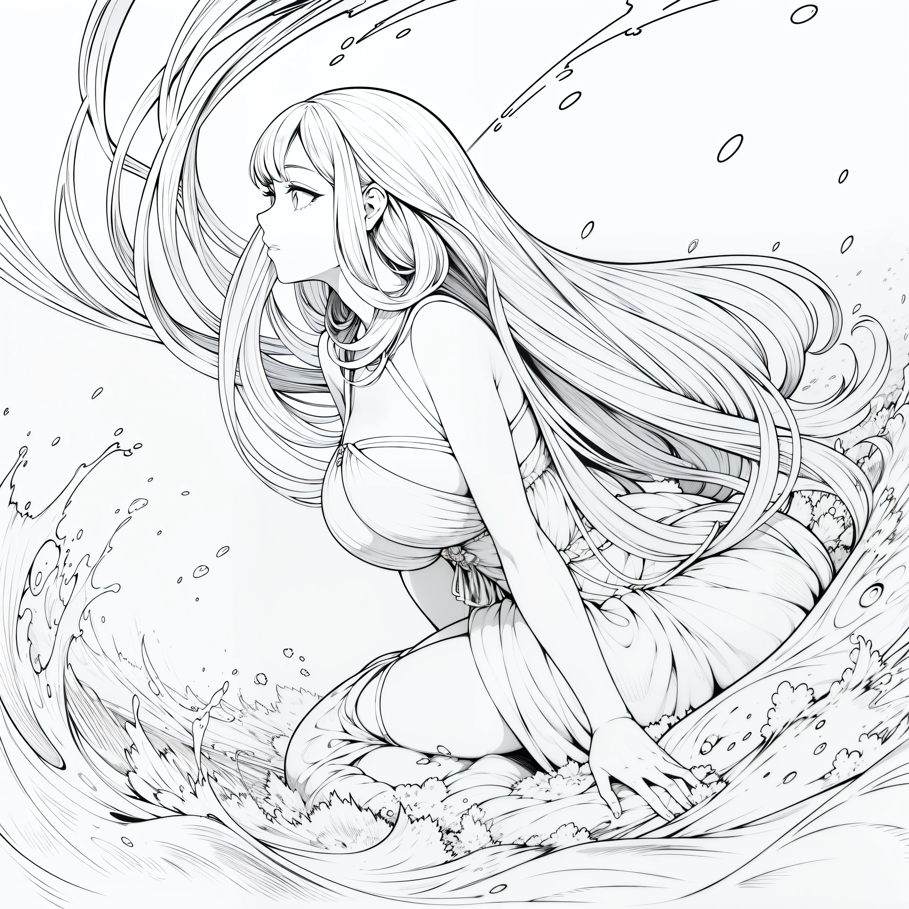 mujer nadando en el mar, primer plano, con arte lineal, monocromo