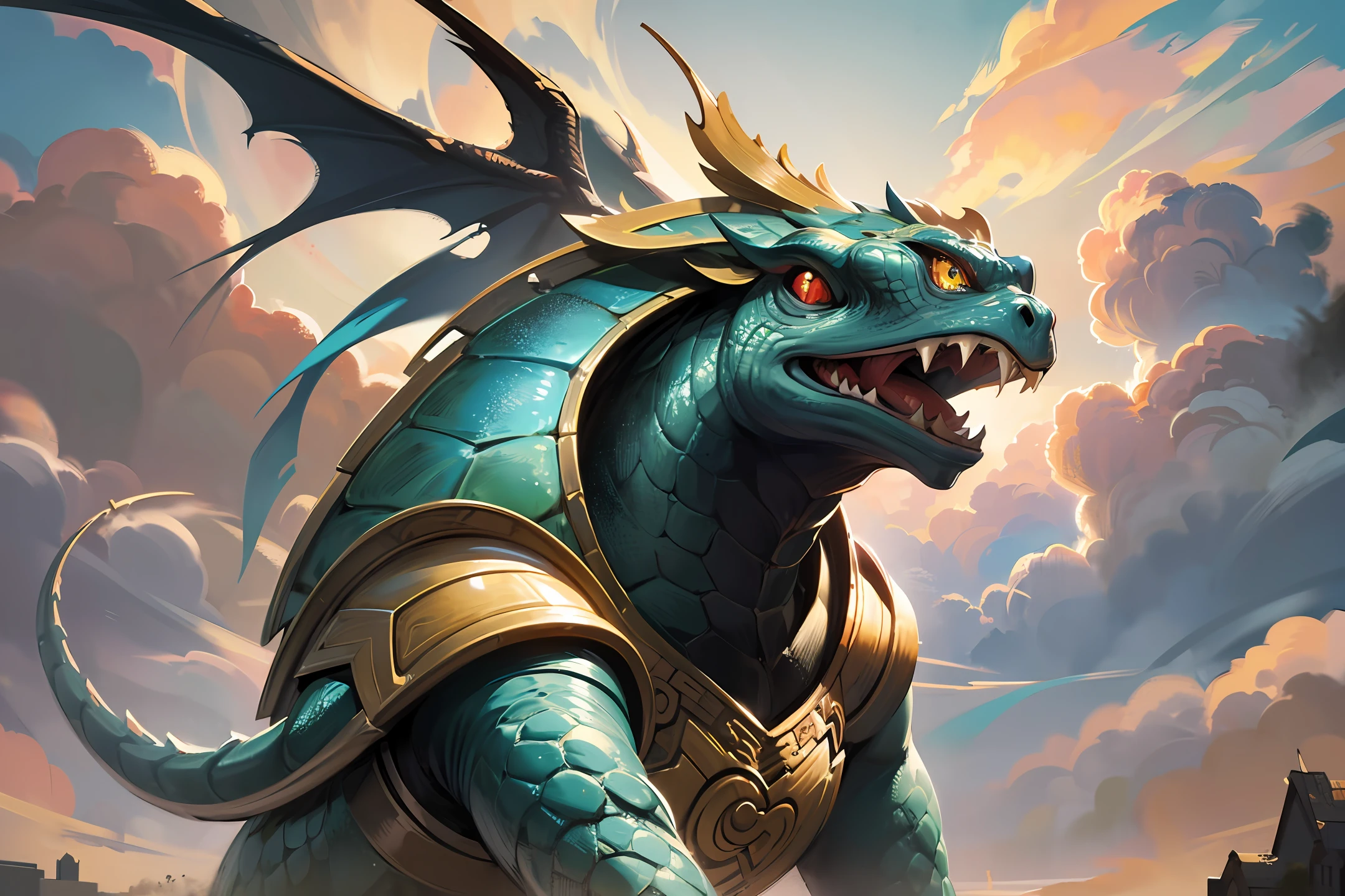Dragon head turtle body, golden, Ultra Wide Shot, Exaggerated Perspective View, long shot, bottomview, Detail Shot, Chinese mythology, Auspicious, dragon head turtle body standingon huge mountain, dragon head turtle body statuetwisting swirls dense clouds, Ancient colors, highmetal textures, Realistic Lighting, Fantasy Art, Concept Art, abstractart, Cinemahic Light, Super Reality, Super High Details andTextures, Very Detailed, Highly Detailed, 8K --auto --s2