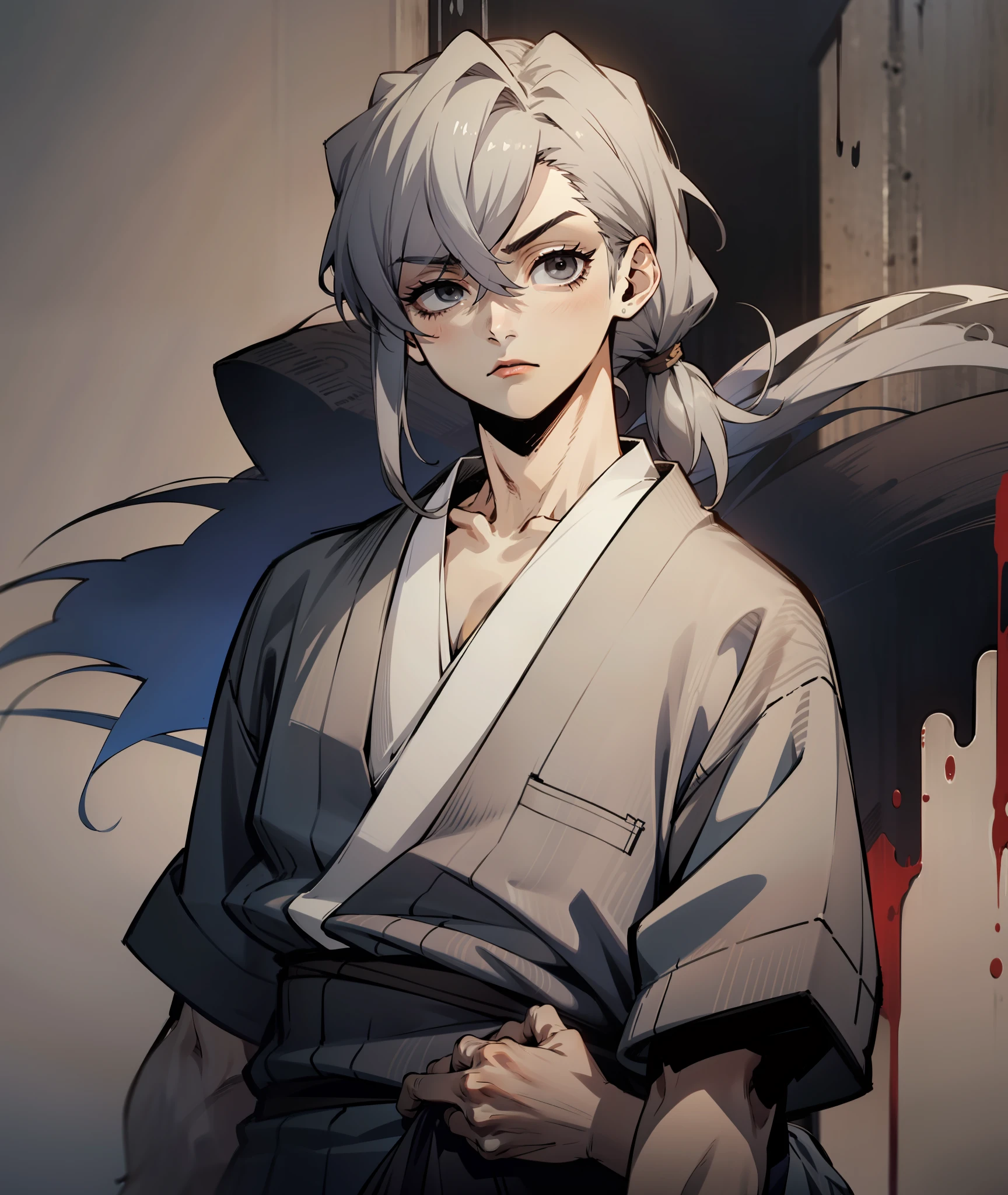 1boy, grey hair, long hair, hair in ponytail, black eyes, grey kimono, calm, tired, tall, grey clothes, face shot, face, sharp eyes, black eyes, missing left eye, left eye covered, missing left eye