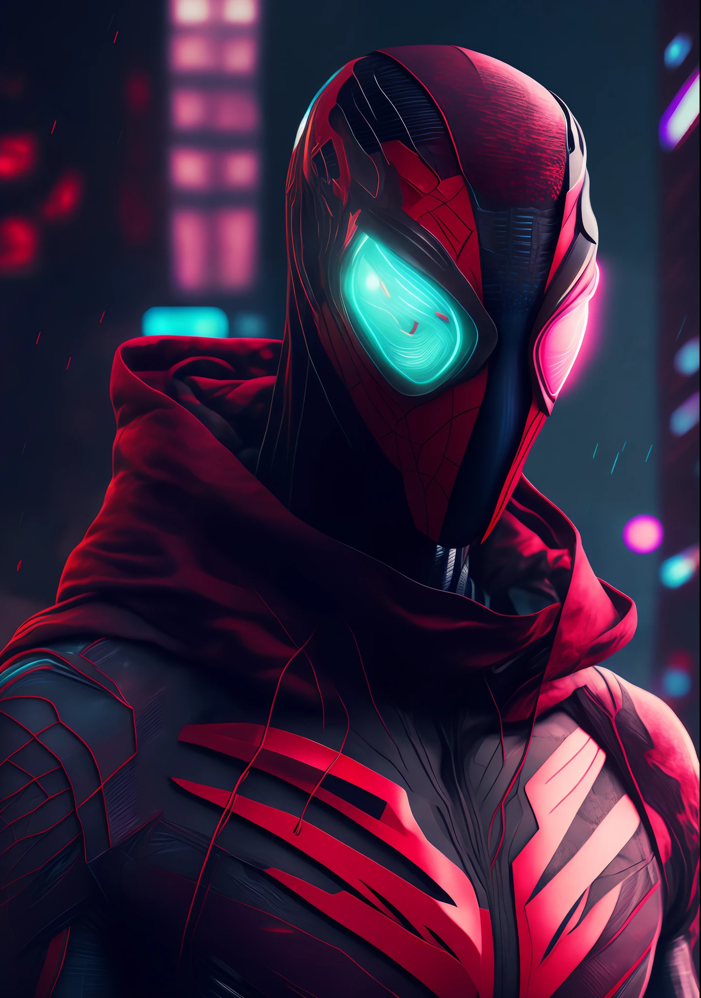 Homem aranha, Cyberpunk,half mask and half 8k robot.