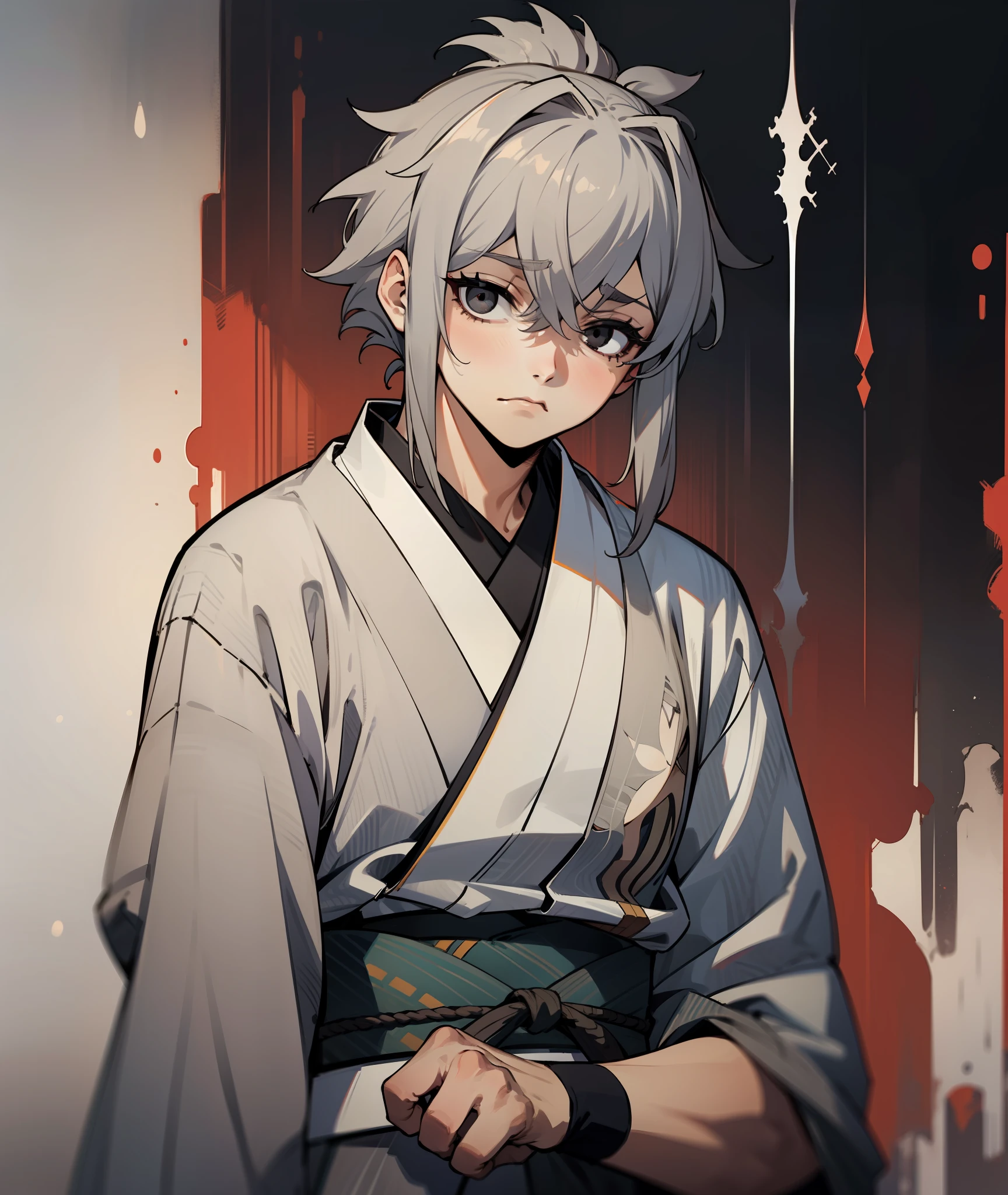 1boy, grey hair, long hair, hair in ponytail, black eyes, grey kimono, calm, tired, tall, grey clothes, face shot, face, sharp eyes, black eyes, missing left eye, left eye covered, missing left eye