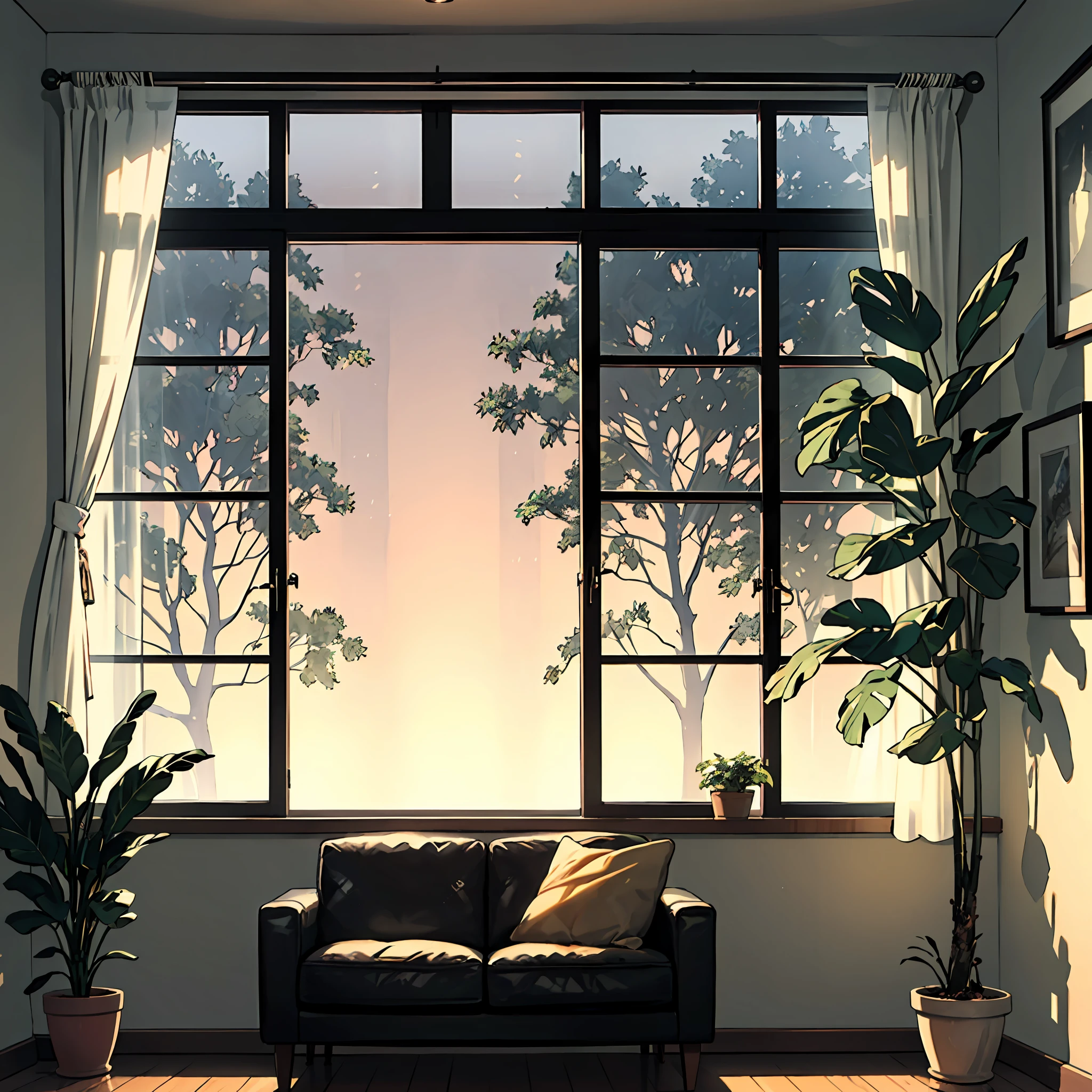 midcentury modern living room dimly lit with dark rainy evening outside, (foggy rainy evening:1.2), pacific northwest, (dim lighting:1.4), (moody lighting:1.2), plants, large plants, rainy, monstera, many plants, (foggy windows:1.2), masterpiece, best quality, twilight hour, (nighttime:1.4), rainy evening, after sunset, --auto