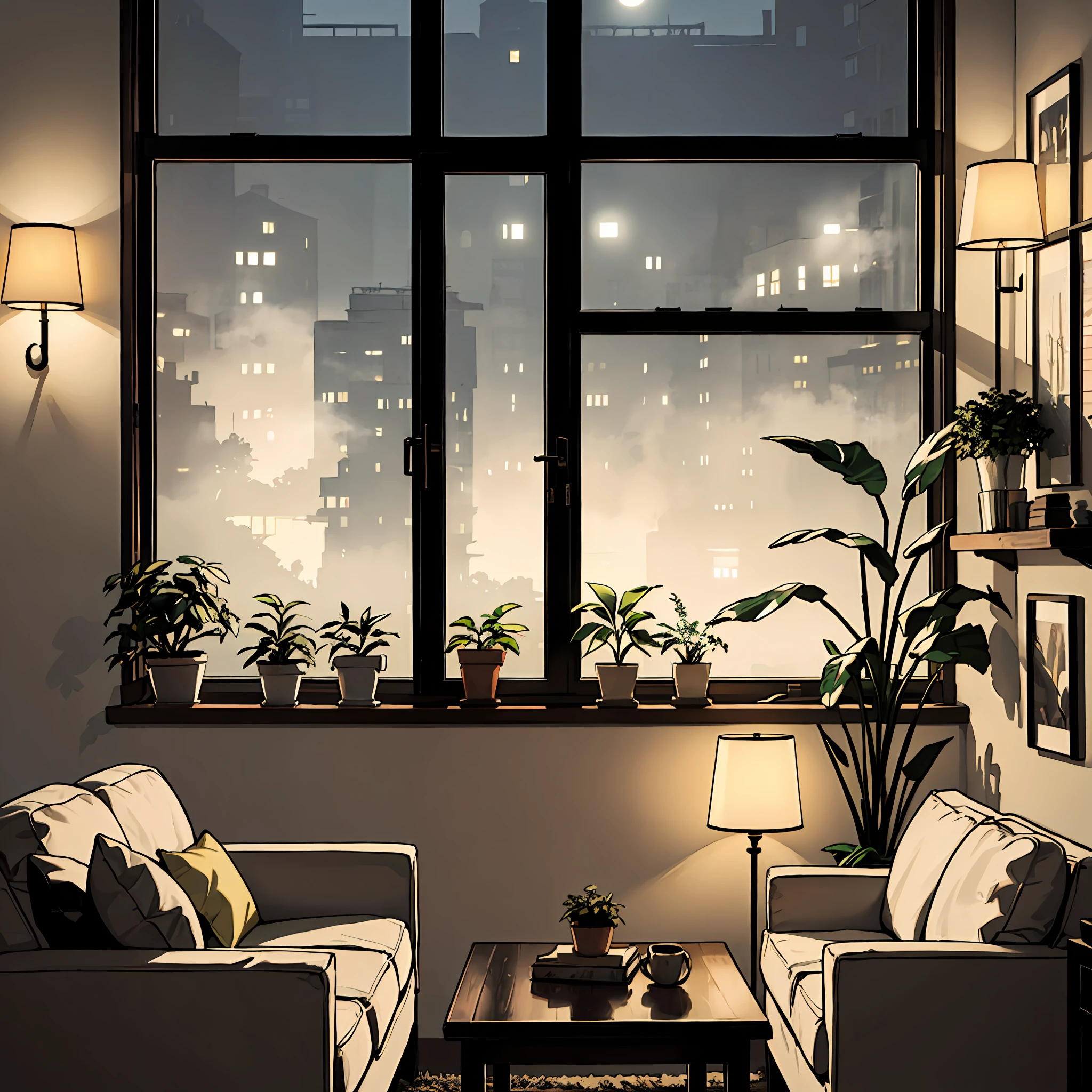 midcentury modern living room dimly lit with dark rainy evening outside, (foggy rainy evening:1.2), pacific northwest, (dim lighting:1.4), (moody lighting:1.2), plants, large plants, rainy, monstera, many plants, (foggy windows:1.2), masterpiece, best quality, twilight hour, (nighttime:1.4), rainy evening, after sunset, --auto