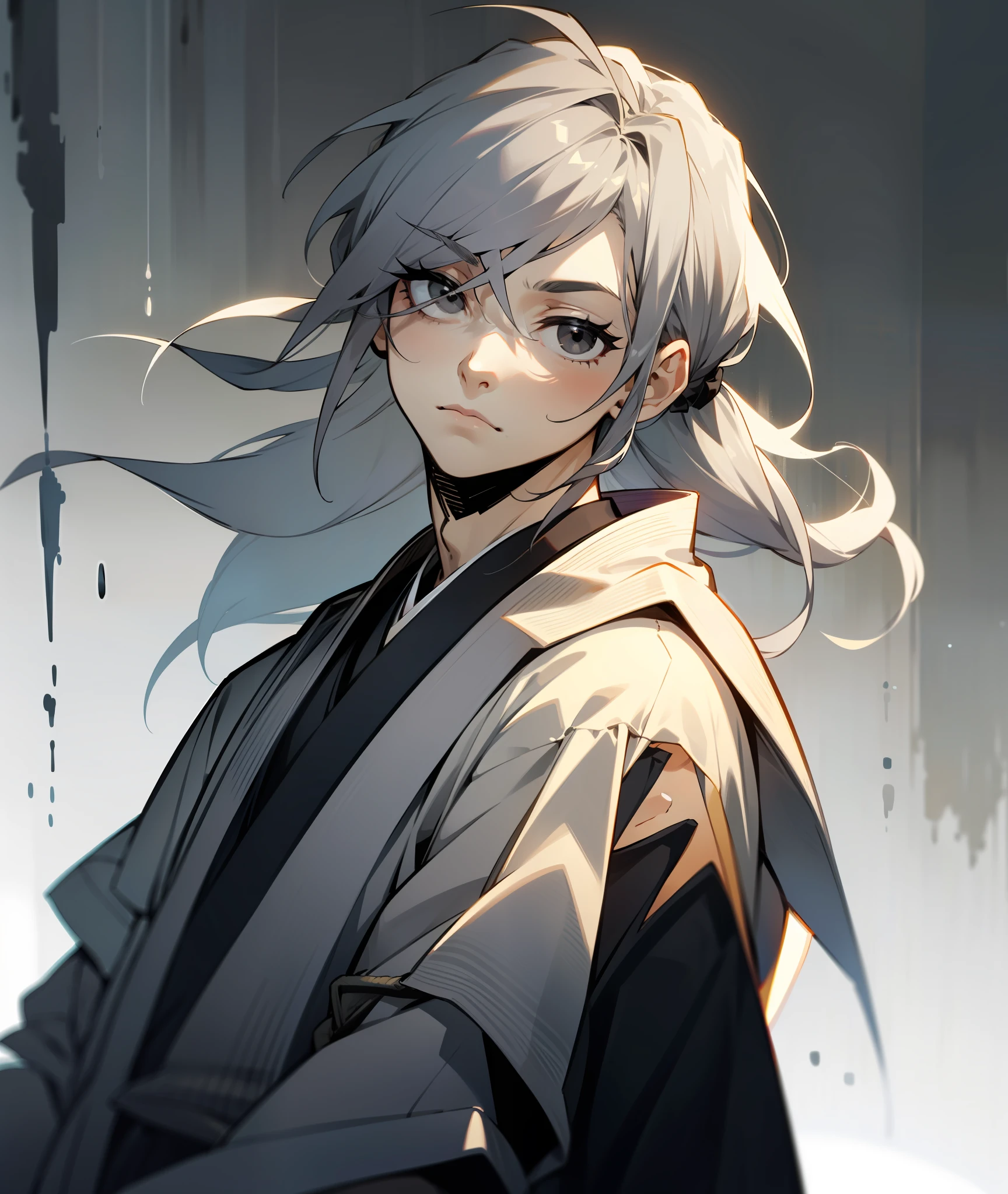 1boy, grey hair, long hair, hair in ponytail, black eyes, grey kimono, calm, tired, tall, grey clothes, face shot, face, sharp eyes, black eyes, missing left eye, left eye covered, missing left eye