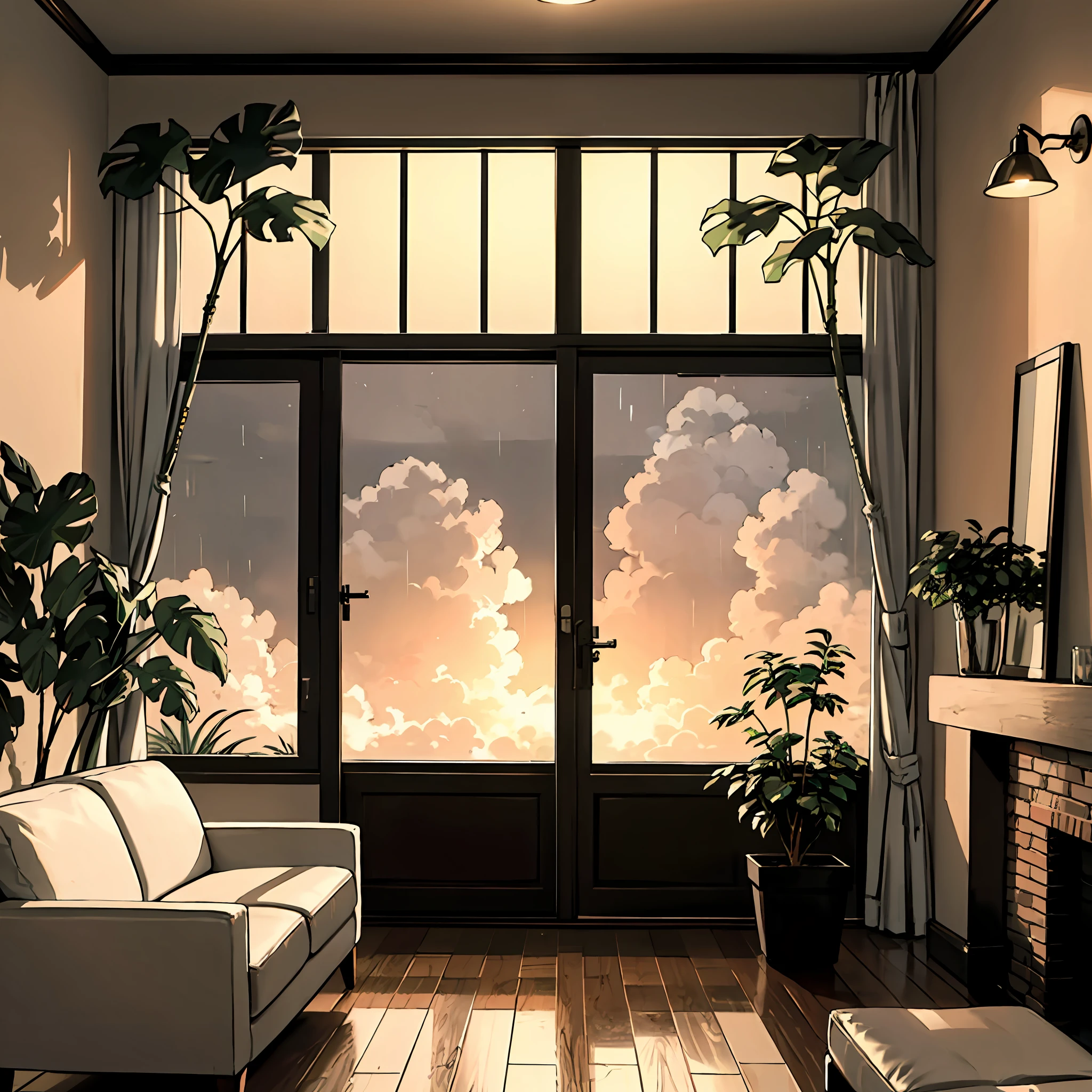 midcentury modern living room dimly lit with dark rainy evening outside, (foggy rainy evening:1.2), pacific northwest, (dim lighting:1.4), (moody lighting:1.2), plants, large plants, rainy, monstera, many plants, (foggy windows:1.2), masterpiece, best quality, twilight hour, (nighttime:1.4), rainy evening, after sunset, --auto