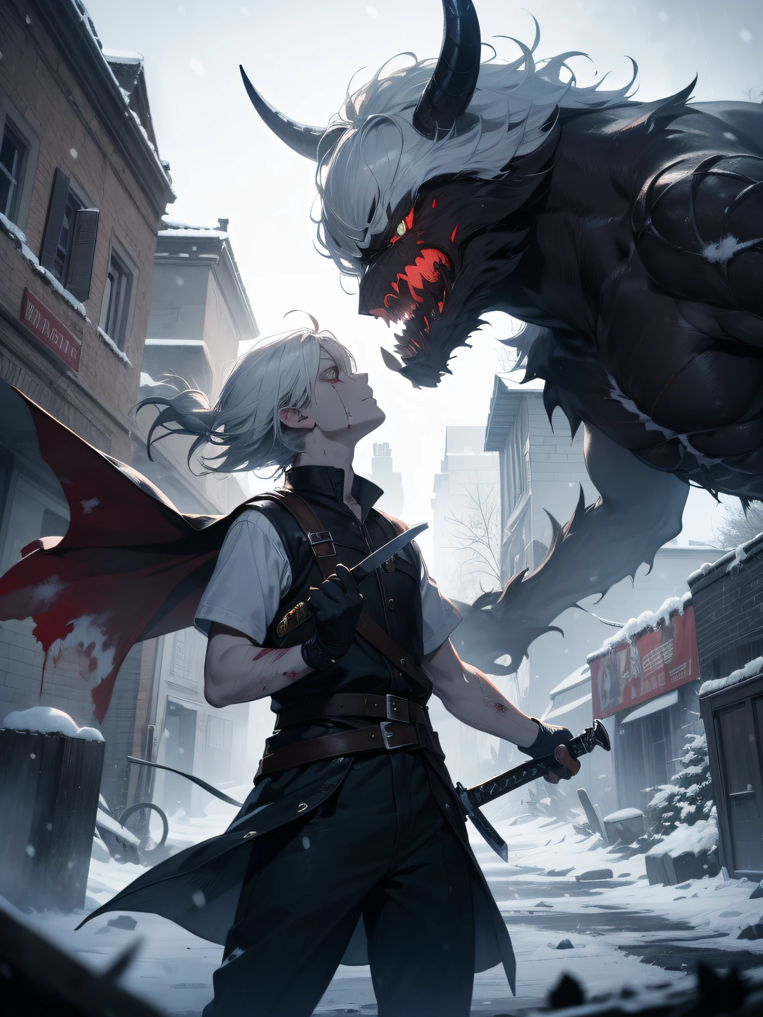 An epic scene in a desolate village reduced to ruin, it is snowing and there is a young white-haired boy who even bruised and bleeding holds a sword and faces a giant demon with dark skin and big horns