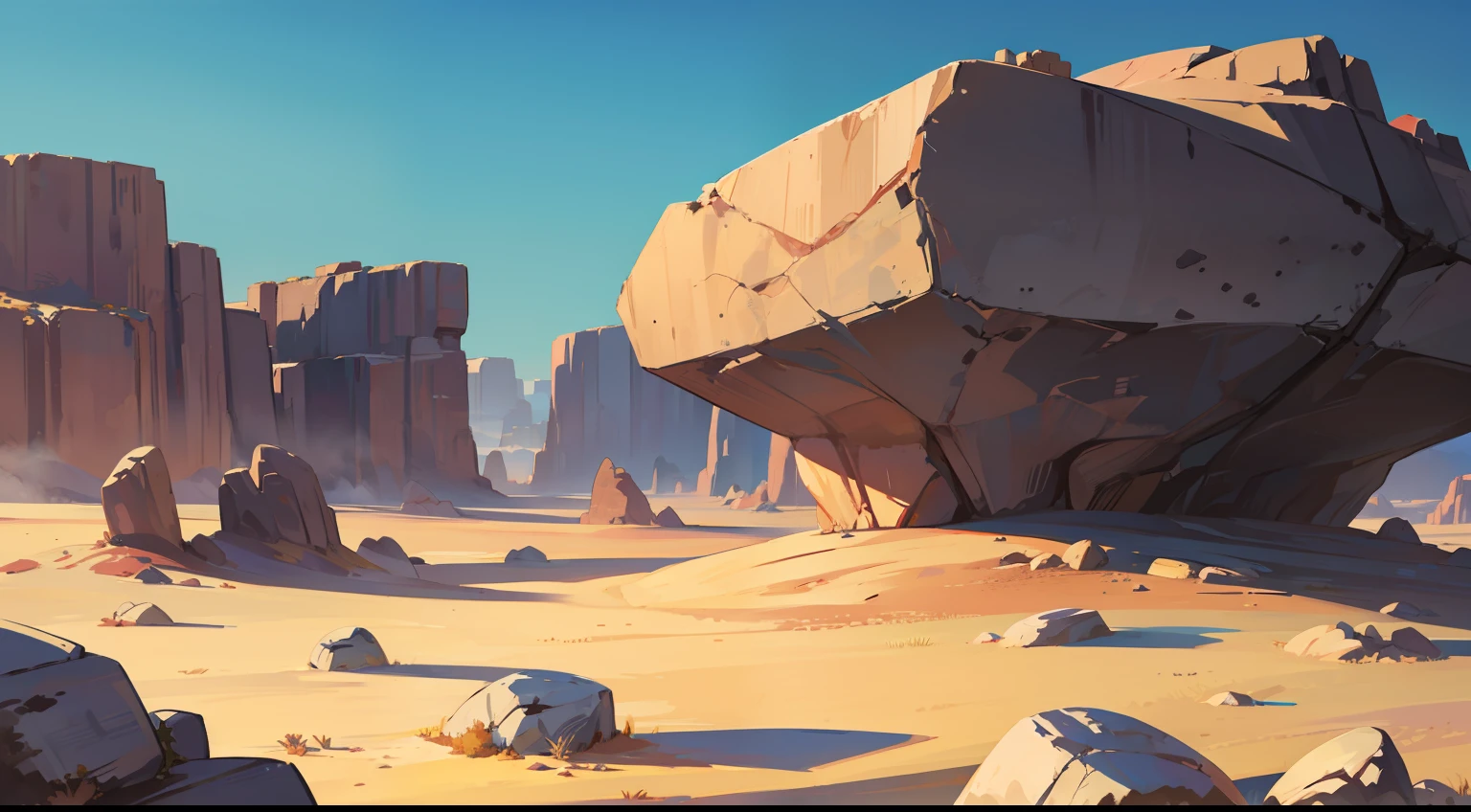 A desert landscape with a rock formation in the background,