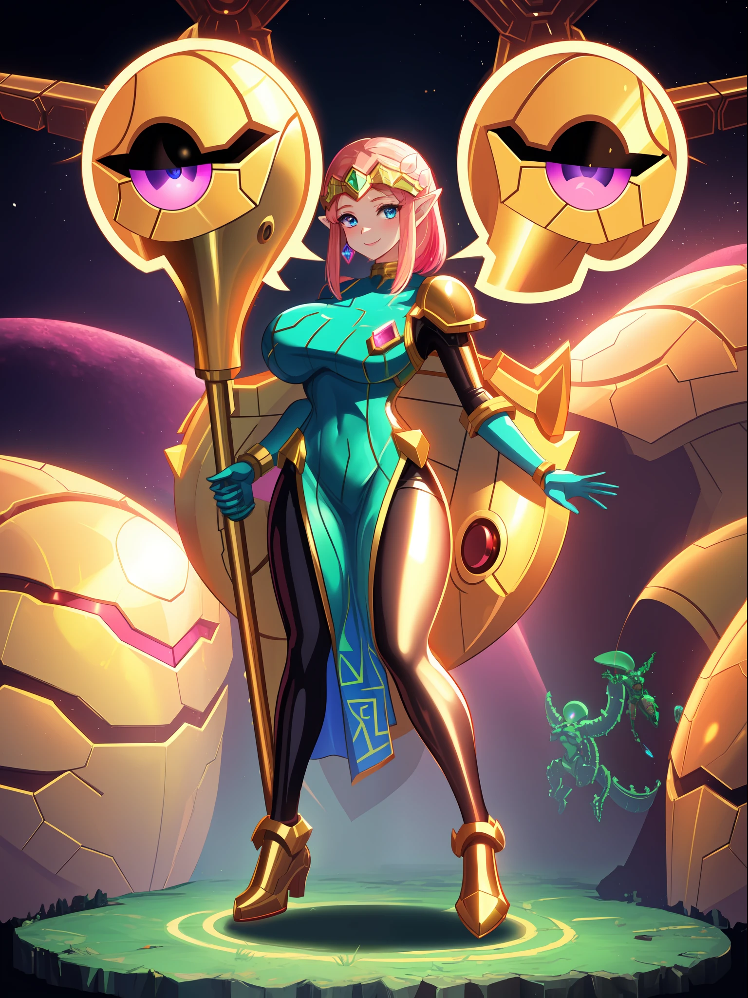 ((full body):1.5), {((Princess Zelda only))}, {((wearing black hair with gold metallic parts)), (((she has very short pink hair, blue eyes))), ((has extremely gigantic breasts)), is looking at the viewer, smiling, ((doing erotic poses)), ((alien spaceship, mutant monsters, futuristic machines, people of different ethnicities))},16k, ultra quality, ultra detailed, maximum resolution, best sharpness, (((Super Metroid))),TinkerWaifu,cartoon ,anime