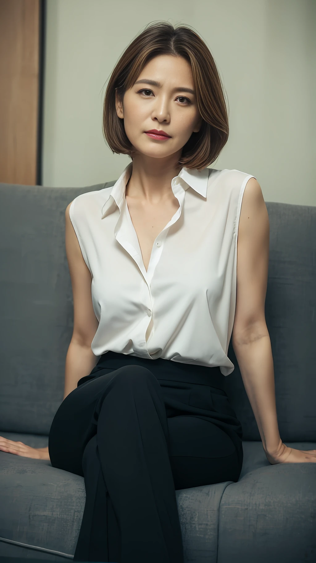 a masterpiece of, Top image quality, A high resolution, 独奏, Small breasts, 45 yers old, (wrinkles:0.6), 1 persons, s Office, Sit on the sofa, Suits, Bob hair,