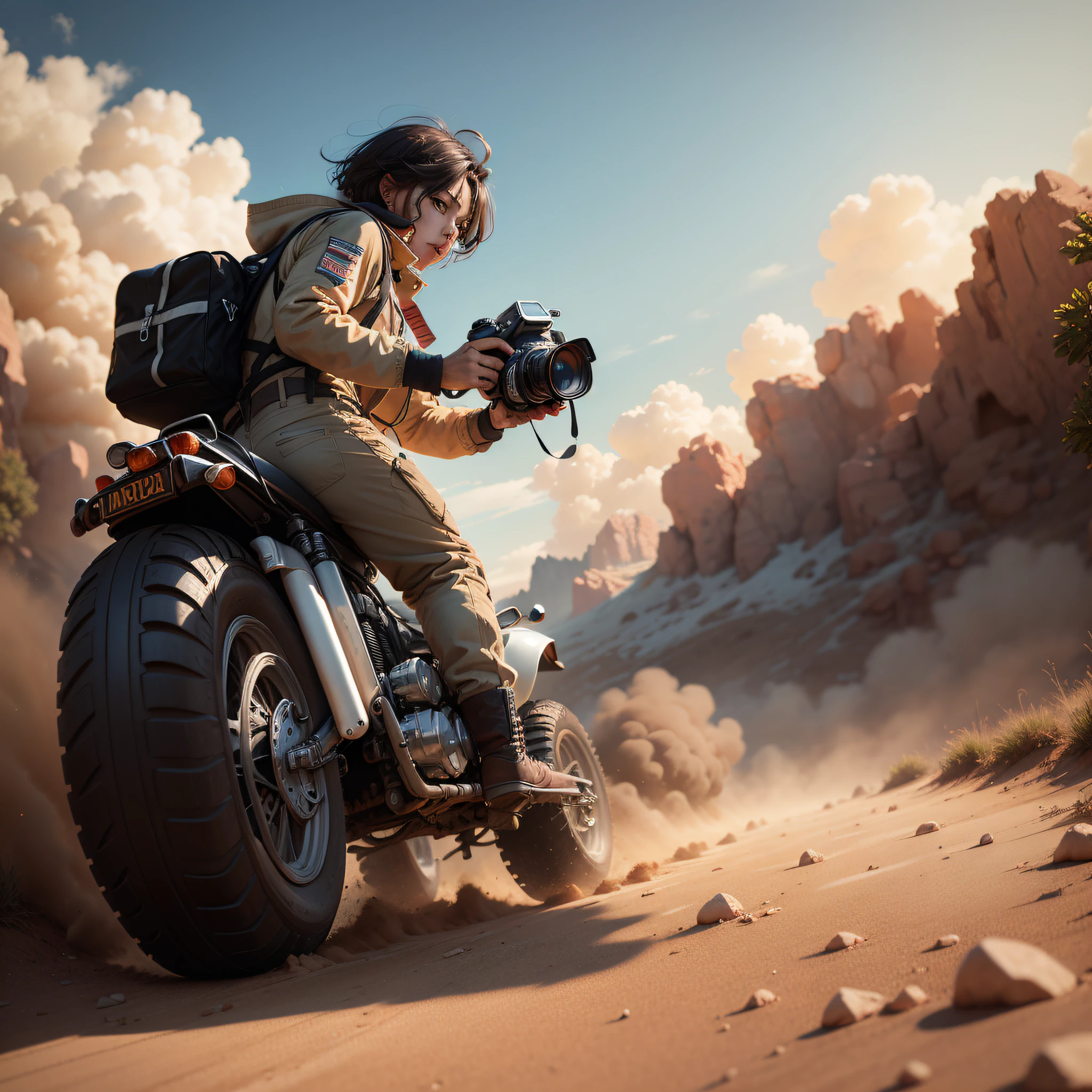 A hyper-realistic image of a rugged off-road vehicle on a dirt track, kicking up a cloud of dust. The harsh midday sun creates strong contrasts and highlights the car's tough, utilitarian design. The camera should be a Nikon Z7 II, with a Nikon Z 24-70mm f/2.8 S lens. by paul zizka