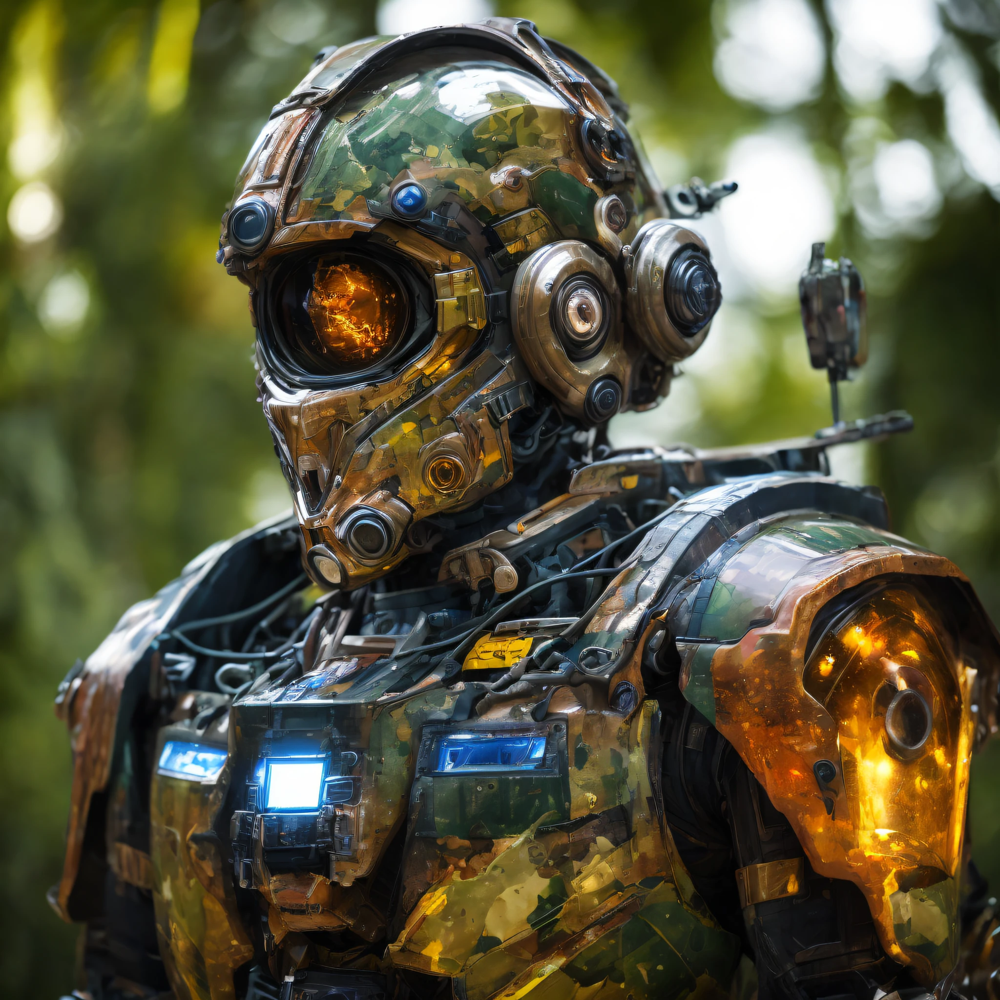 Portrait photo of transparent camo worn mech suit, one central lenticular eye, one big central eye, ((light bokeh)), intricate, ((translucent) liquid water [rust]), elegant, sharp focus, photo by greg rutkowski, soft lighting, vibrant colors, masterpiece, ((dark jungle)), detailed face