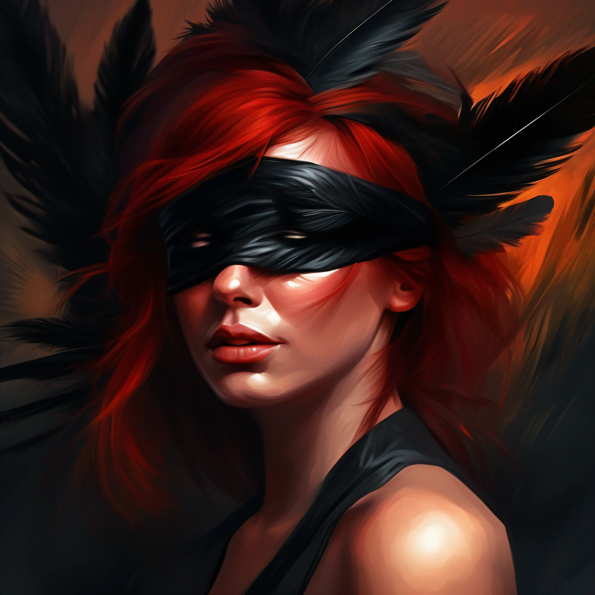 Red-haired woman with blindfolded eyes and black feathers on head, black blindfold, fancy blindfold, bright digital painting, wrapped in black, gorgeous digital painting, blind, digital painting style, high quality digital painting, ultra realistic digital painting, hyperrealistic digital painting, 4k digital painting, stunning digital painting, realistic digital painting