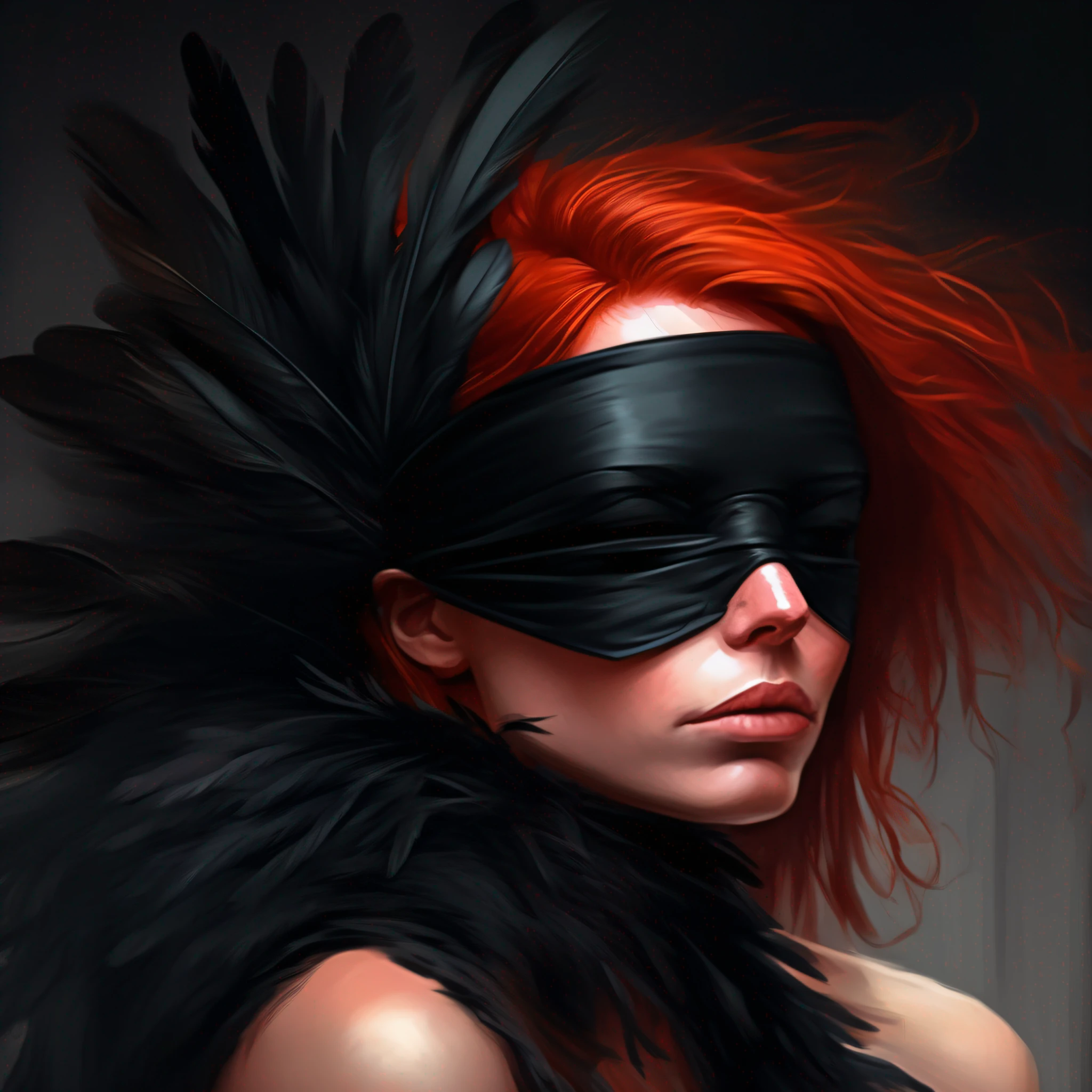 Red-haired woman with blindfolded eyes and black feathers on head, black blindfold, fancy blindfold, bright digital painting, wrapped in black, gorgeous digital painting, blind, digital painting style, high quality digital painting, ultra realistic digital painting, hyperrealistic digital painting, 4k digital painting, stunning digital painting, realistic digital painting