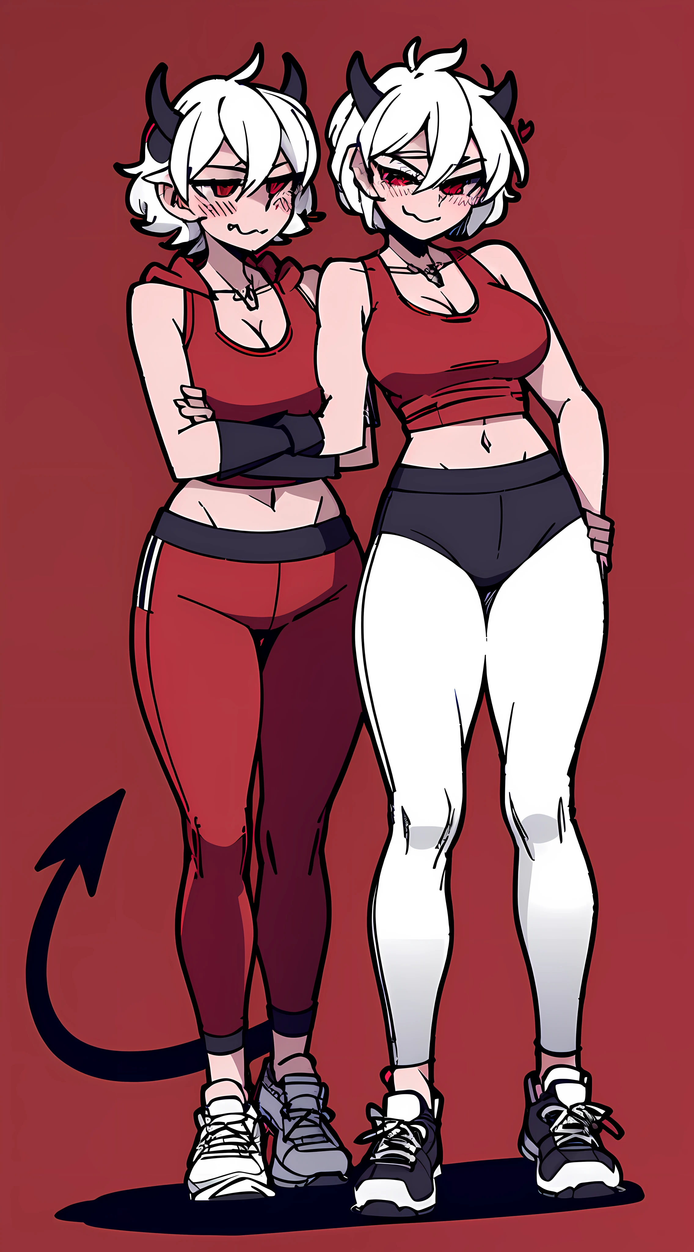 2 girls, close together, height difference, hand on another's head, short and tall, short sleeve hoodie, black fingerless gloves, breasts, arms at sides, wide hips, blush, blushing, thick thighs, night, cross necklace, heart eyes, full body shot, horns on head, demon tail, black white and red outfit, red black and white background colors, black cargo shorts, white hair, tomboy, tall, short hair, smirk, smug, sneakers, running shoes, rolled up pants, exposed calf's, exposed thighs, gym clothes, tank top,