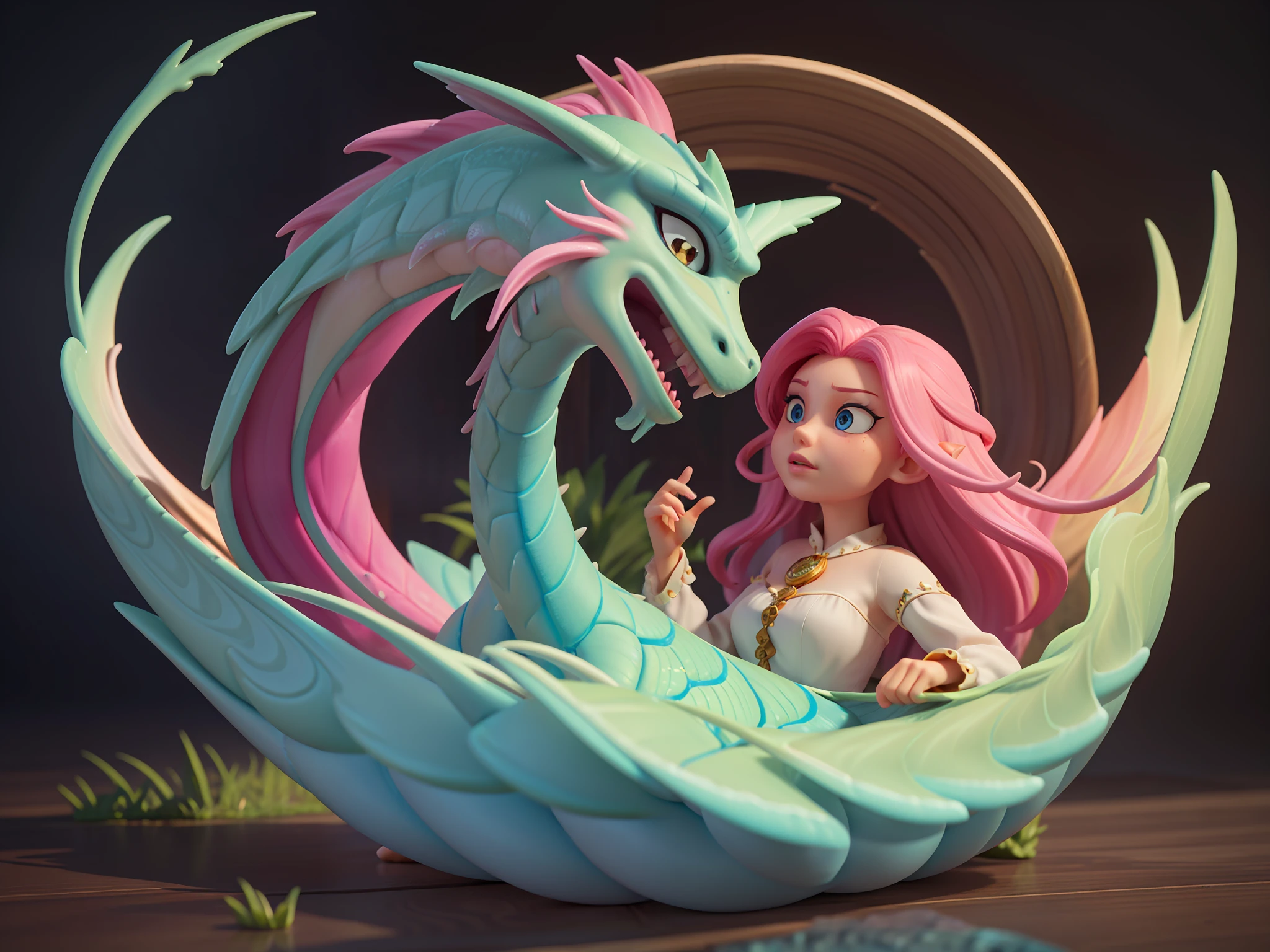 (masterpiece), (best quality), (ultra-detailed)gorgeous dragon, peaceful, innocent, tranquil, long flowing hair, liquid rococo fractal, fluid acrylic, pink hair, elegant gradients, intricate, octane render, depth, detailed eyes, incredibly detailed, hyperrealistic, WLOP, Rutkowski, fractal, in the style of Unreal Engine 5, realistic hyper-detail, is a high-definition illustration in 4K resolution, featuring highly detailed facial features and cartoon-style visuals.