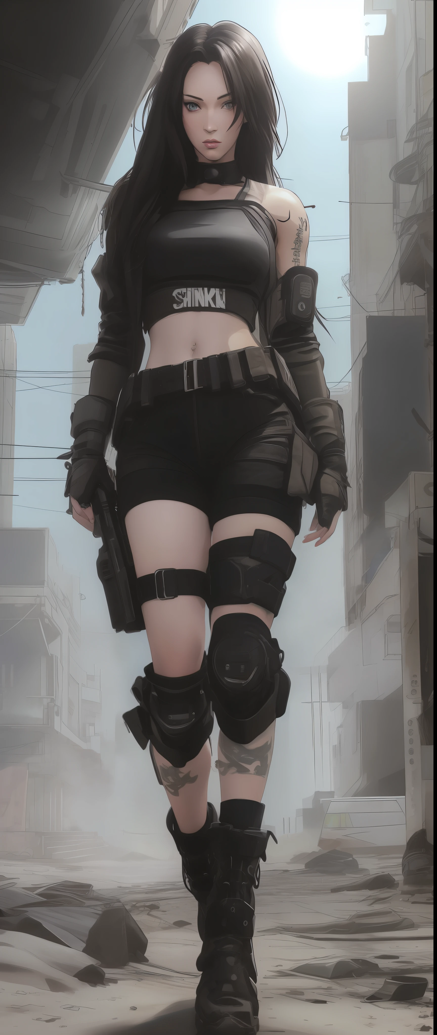 Fullbody Portrait of Beautiful slender Megan Fox, long neon hair, (((Yoji Shinkawa))) in post apocalyptic style by Yoji Shinkawa, messy hair, cyberpunk, sun rays,