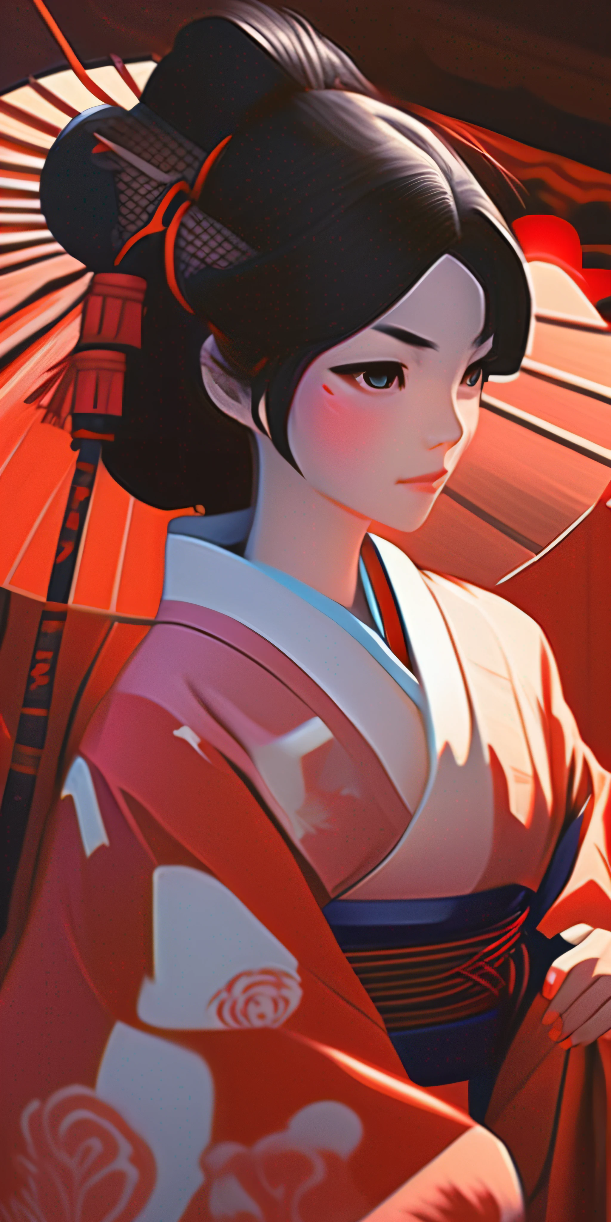 onmyoji,Japanese woman, hyper-detailing, warm tones, intricate details, volumetric, art by Iliya Kuvshinov, a glaring eyes