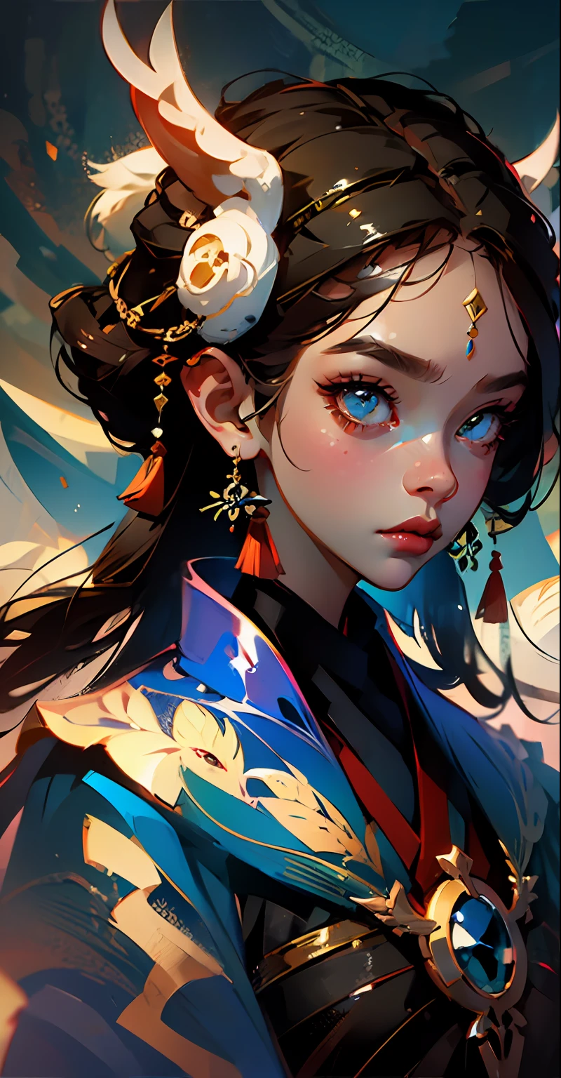 onmyoji,Japanese woman, hyper-detailing, warm tones, intricate details, volumetric, art by Iliya Kuvshinov, a glaring eyes