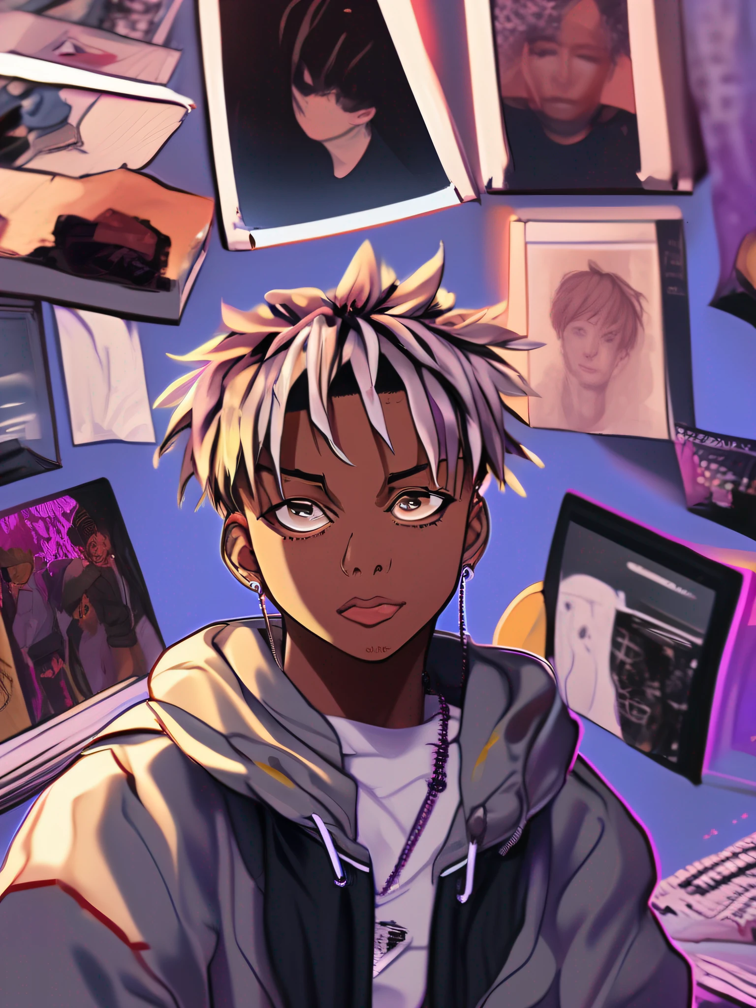 Estilo anime, cantor de rap juice wrld, ultradetalhes, melhor qualidade, perfect lighting, muito criativo, hd