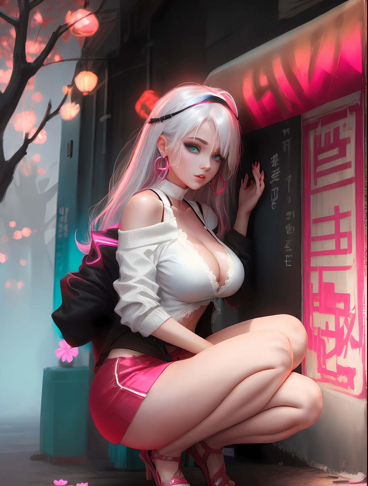 Open Leg Squat, (masterpiece, Excellent, 1girl, solo, Complex Detail, color difference), realistic, ((medium breath)), Off the shoulders, large chest, sexy, Yae miko, long pink hair, red headpiece, Red highlighting, hair over one eye, green colored eyes, Earrings, Sharp eyes, perfectly symmetrical figure, choker, neon shirt, Open jacket, Turtleneck sweater, Against a wall, Brick wall, Graffiti, Dim lighting, Alley, Looking at the audience, ((sneaky, seductive, charming)), ((Cherry blossom background))),((Japanese temple background))), (((Glow-in-the-dark background))))High-efficiency subpixel, Subpixel convolution, Luminous particles, Light scattering, Tyndall effect, Transparent dress, Lace edge, lace seduction, bare legs, mini skirt, long legs, Hips, big breasts, huge breasts, Slit skirt, pink lace trim, upturned buttocks, big breasts, big breasts, big breasts, Hai Split Cheongsam, flirty type, charming, shy, big breasts, big breasts, big breasts, big breasts, big breasts leaking, bursting breasts, big breasts, seduction, tall figure, white skin and beautiful skin, white hair, thick buttocks, thick buttocks, big buttocks,, nothing worn out, especially short clothes, bare waist, thong, exuberant look, loose long hair,, split legs, half squatting, promiscuous, showing between legs