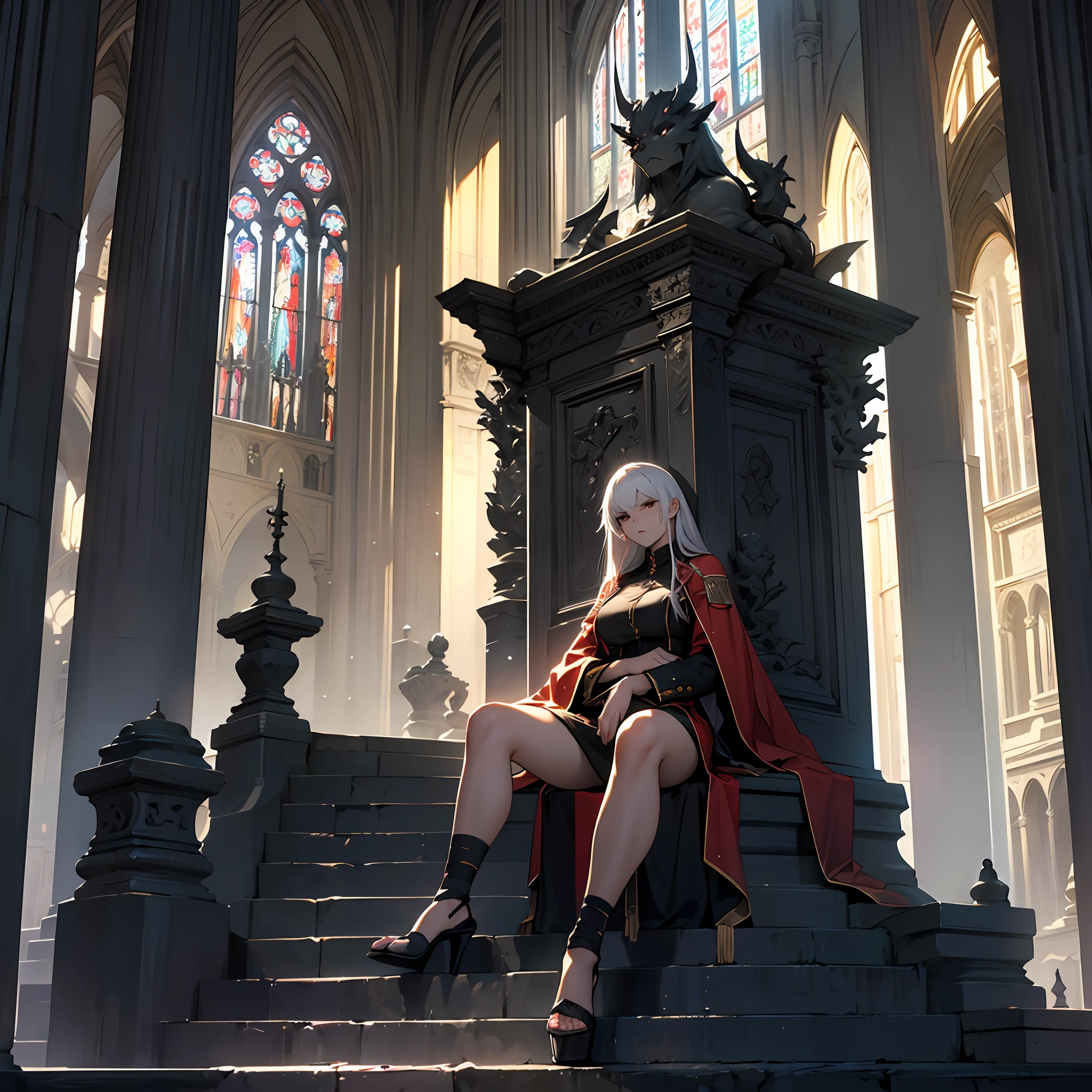 a masterpiece of、Top image quality、1人の女性、Beautiful woman sitting on the stairs、Senior Officer of the Demon King Army、Intimidating look、legs slightly open、hugetits、Female proportions considered everywhere、cathedral、Majestic atmosphere