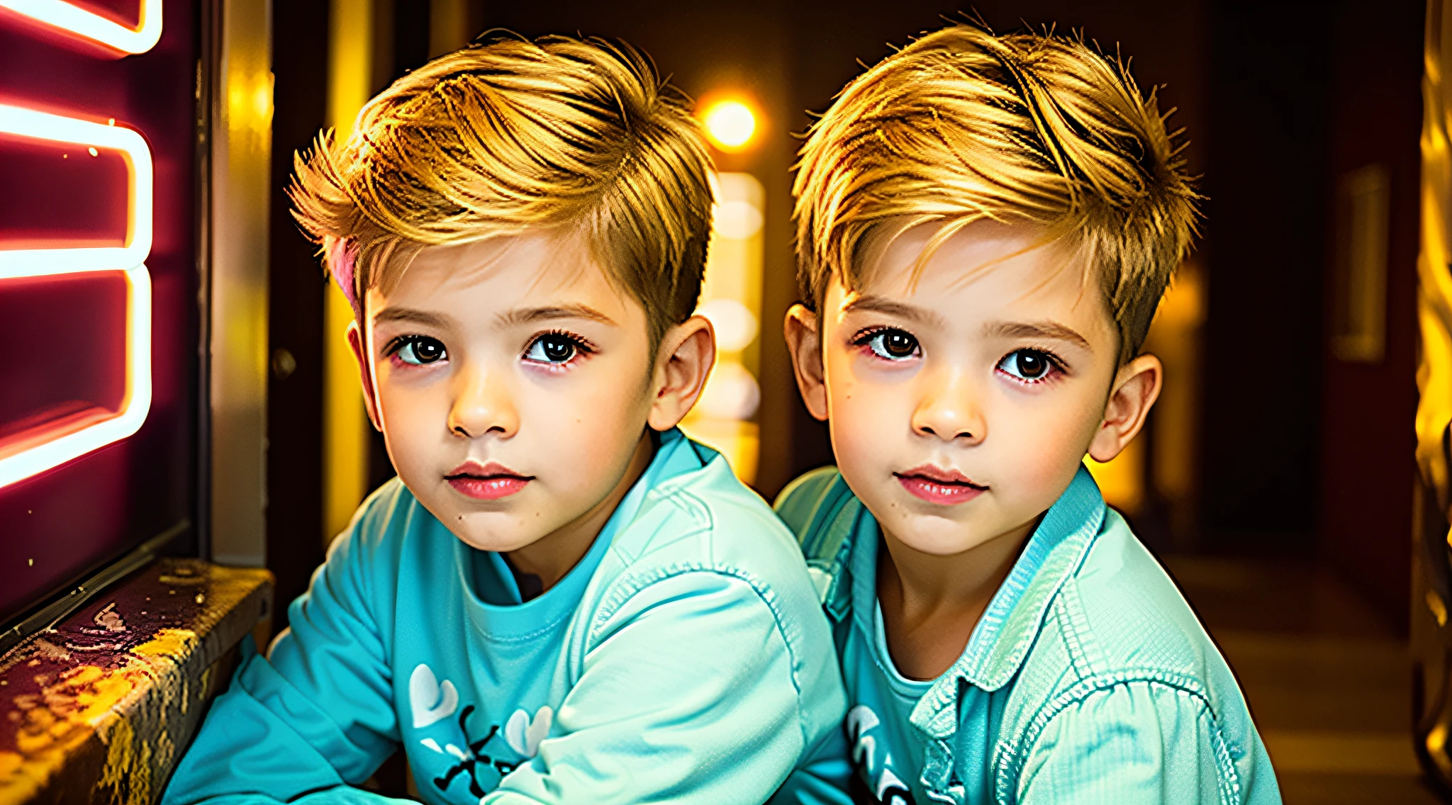 there are two boys sitting next to each other in front of a neon sign, s bonitos, beautiful male twins portrait, Rostos lindos, beautiful gemini twins portrait, rostos perfeitos, rostos extremamente afiados, Directed by: Joze Ciuha, cara perfeita e meninoo Finnstark. rostos perfeitos, twins, foto retrato, retrato de alta qualidade, profissionalmente retocado, cabelo de menino