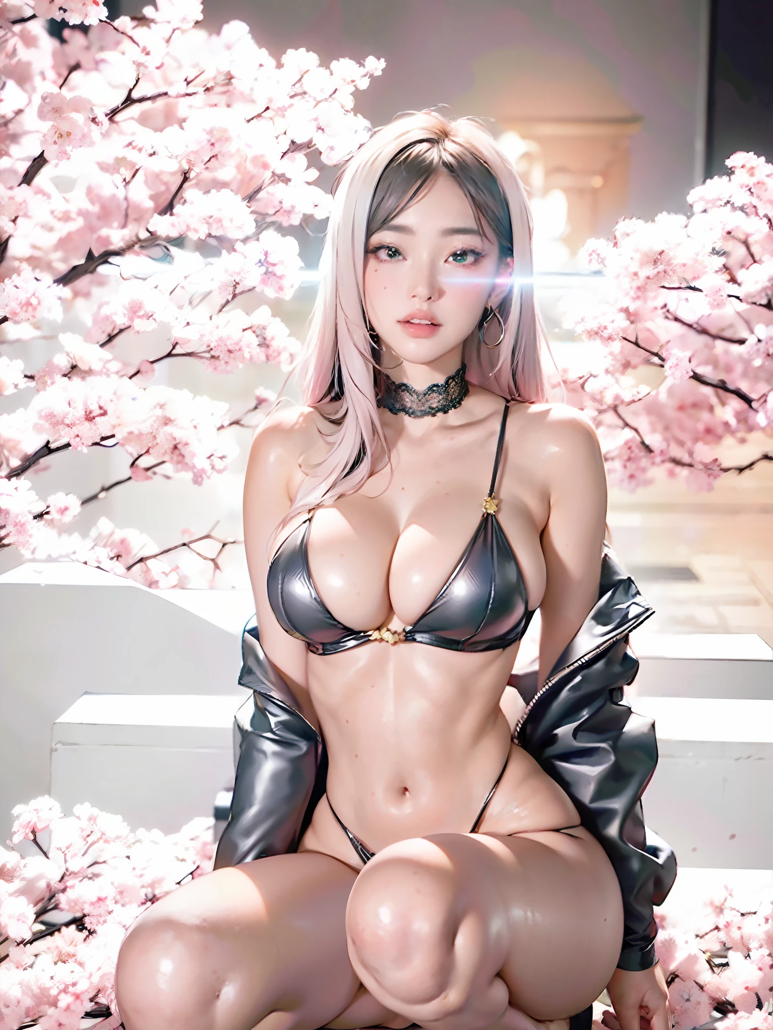 Open Leg Squat, (masterpiece, Excellent, 1girl, solo, Complex Detail, color difference), realistic, ((medium breath)), Off the shoulders, large chest, sexy, Yae miko, long pink hair, red headpiece, Red highlighting, hair over one eye, green colored eyes, Earrings, Sharp eyes, perfectly symmetrical figure, choker, neon shirt, Open jacket, Turtleneck sweater, Against a wall, Brick wall, Graffiti, Dim lighting, Alley, Looking at the audience, ((sneaky, seductive, charming)), ((Cherry blossom background))),((Japanese temple background))), (((Glow-in-the-dark background))))High-efficiency subpixel, Subpixel convolution, Luminous particles, Light scattering, Tyndall effect, Transparent dress, Lace edge, lace seduction, bare legs, mini skirt, long legs, Hips, big breasts, huge breasts, Slit skirt, pink lace trim, upturned buttocks, big breasts, big breasts, big breasts, Hai Split Cheongsam, flirty type, charming, shy, big breasts, big breasts, big breasts, big breasts, big breasts leaking, bursting breasts, big breasts, seduction, tall figure, white skin and beautiful skin, white hair, thick buttocks, thick buttocks, big buttocks,, nothing worn out, especially short clothes, bare waist, thong, exuberant look, loose long hair,, split legs, half squatting, promiscuous, showing between legs