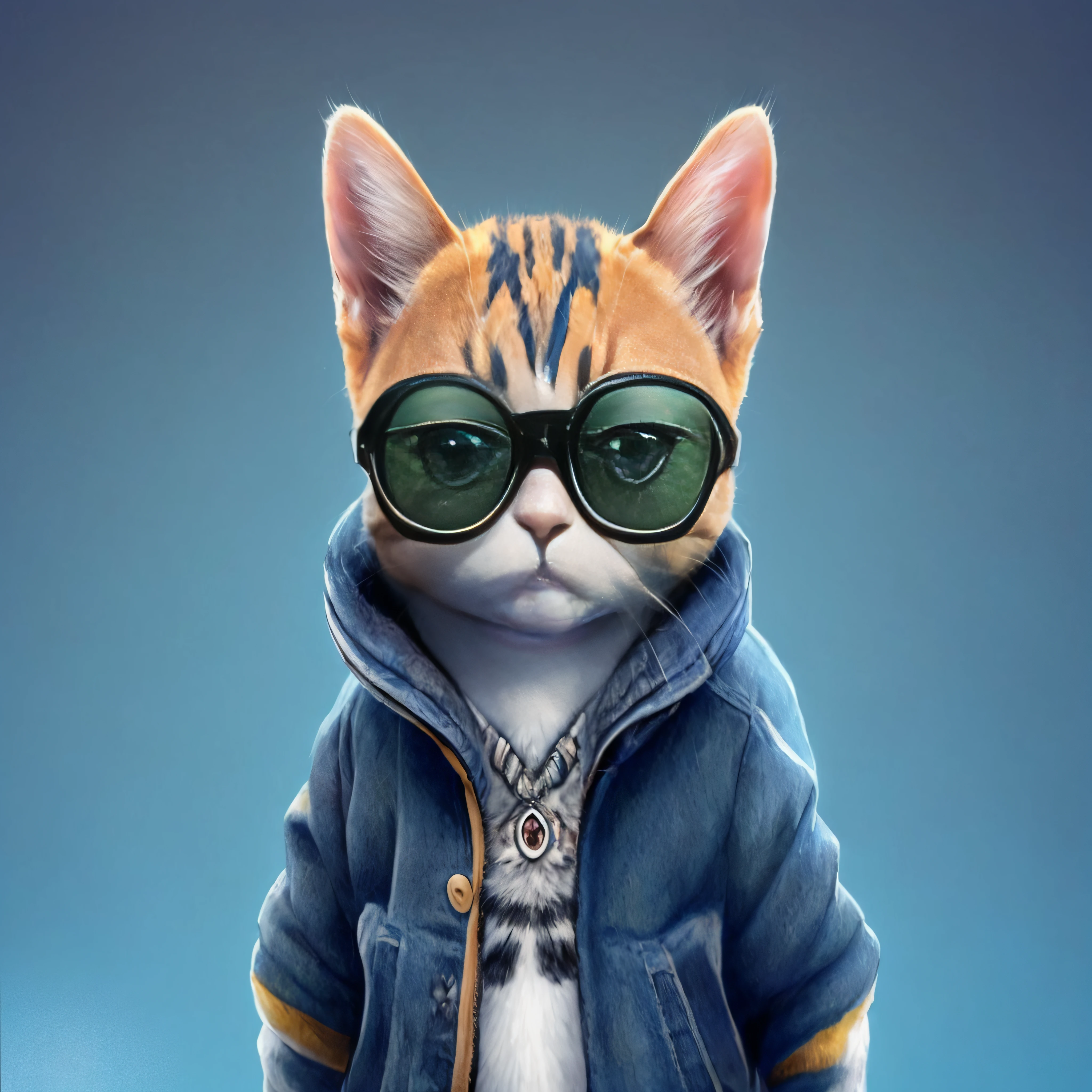 there is a cat wearing sunglasses and a jacket, arte digital detalhada bonito, olhando heckin legal e elegante, painting digital adorable, bela arte digital, gato cyberpunk, Gatopomorphic Antrum, Antro Gato, design do gato, Arte digital alucinante, Estilo de arte fotorrealista, inspirado em Chris LaBrooy, ultra realistic illustration, retrato de alta qualidade, Arte peluda, gato ciborgue