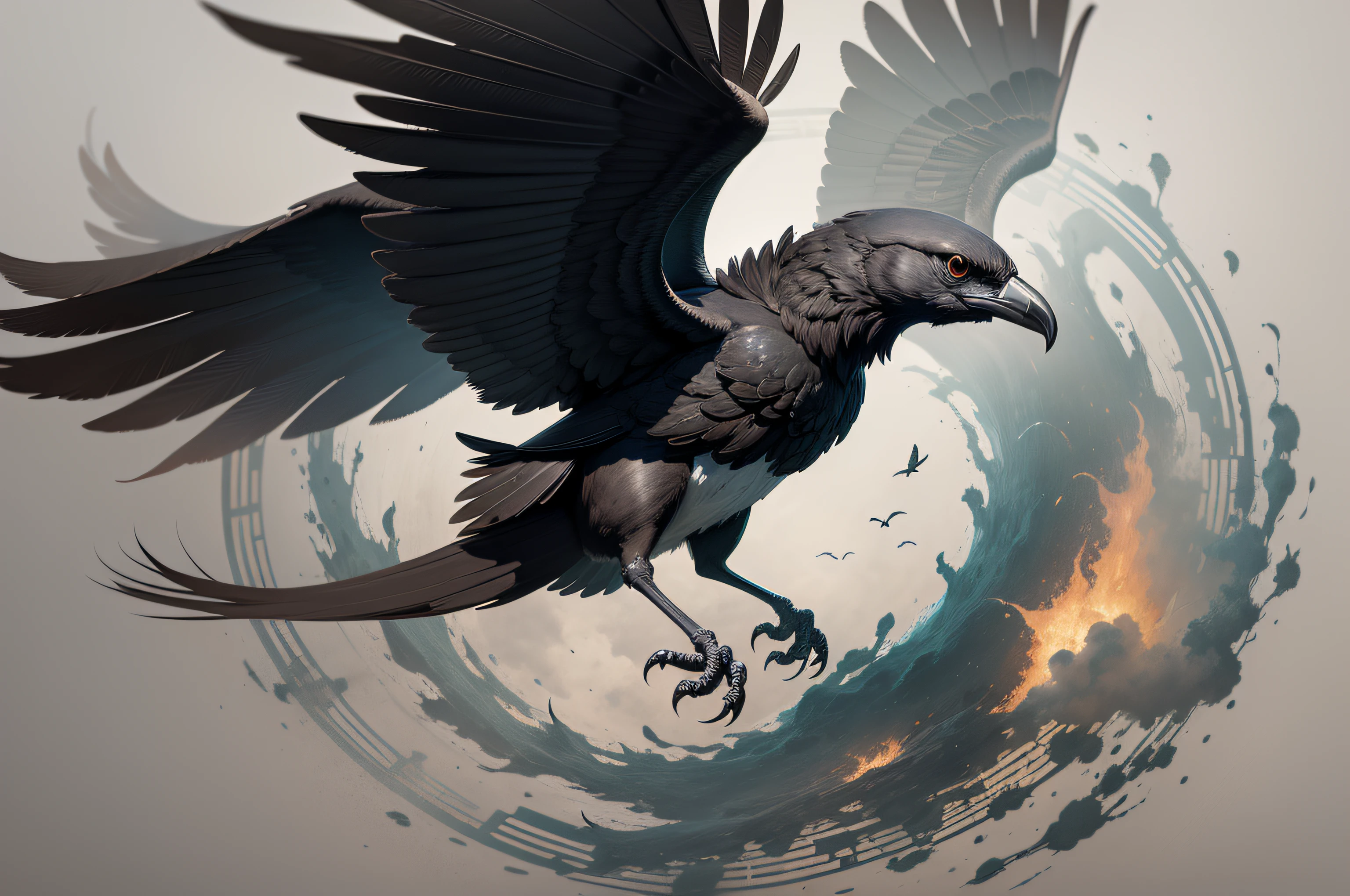 a close up of a bird flying through a circle with a white background, logotipo sem texto, Corvos pretos, inspired by Kanō Hōgai, Asas de Corvo, black wings instead of arms, corvo preto, inspirado em Sugimura Jihei, inspired by Sōtarō Yasui, corvo escuro, crows as a symbol of death