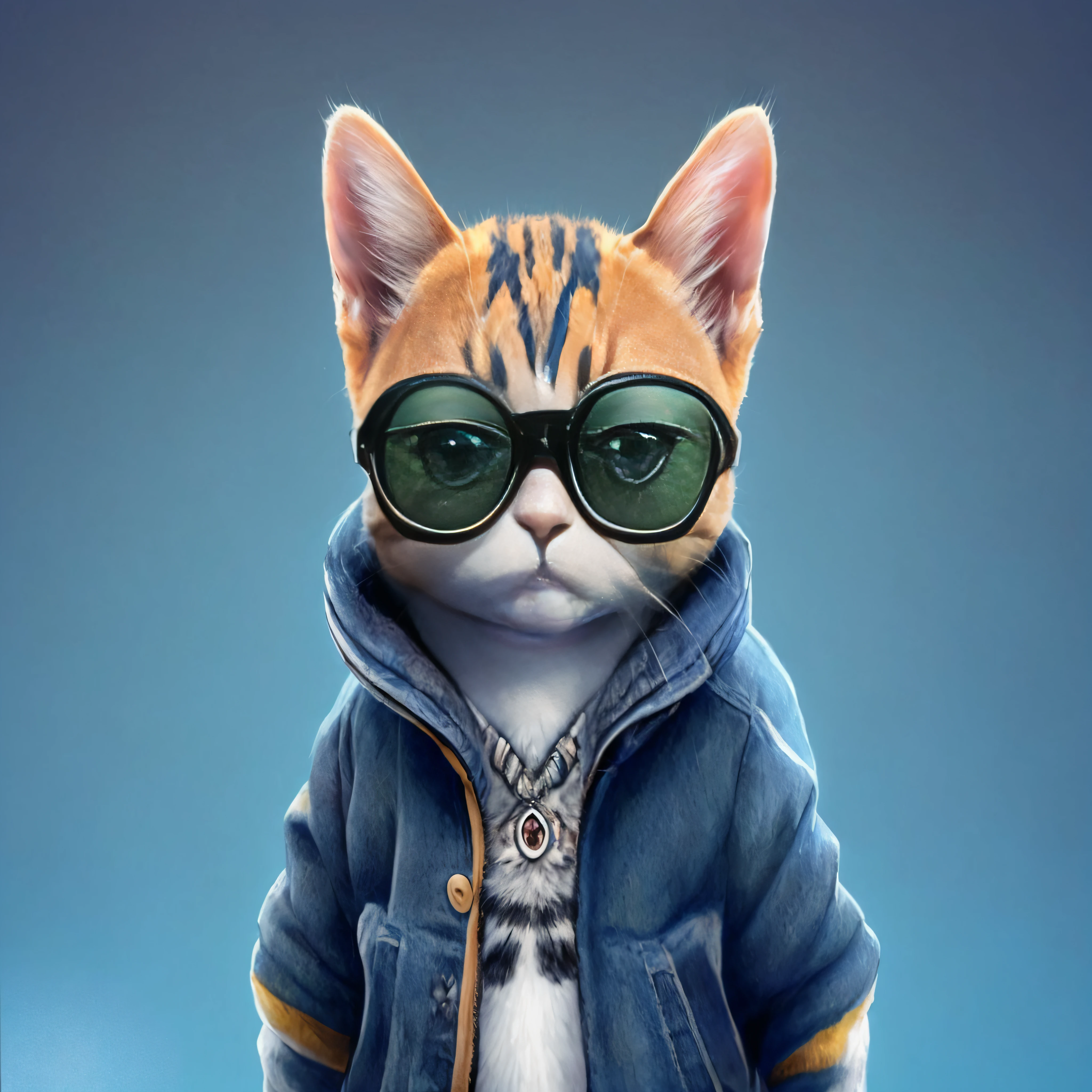 there is a cat wearing sunglasses and a jacket, arte digital detalhada bonito, olhando heckin legal e elegante, painting digital adorable, bela arte digital, gato cyberpunk, Gatopomorphic Antrum, Antro Gato, design do gato, Arte digital alucinante, Estilo de arte fotorrealista, inspirado em Chris LaBrooy, ultra realistic illustration, retrato de alta qualidade, Arte peluda, gato ciborgue