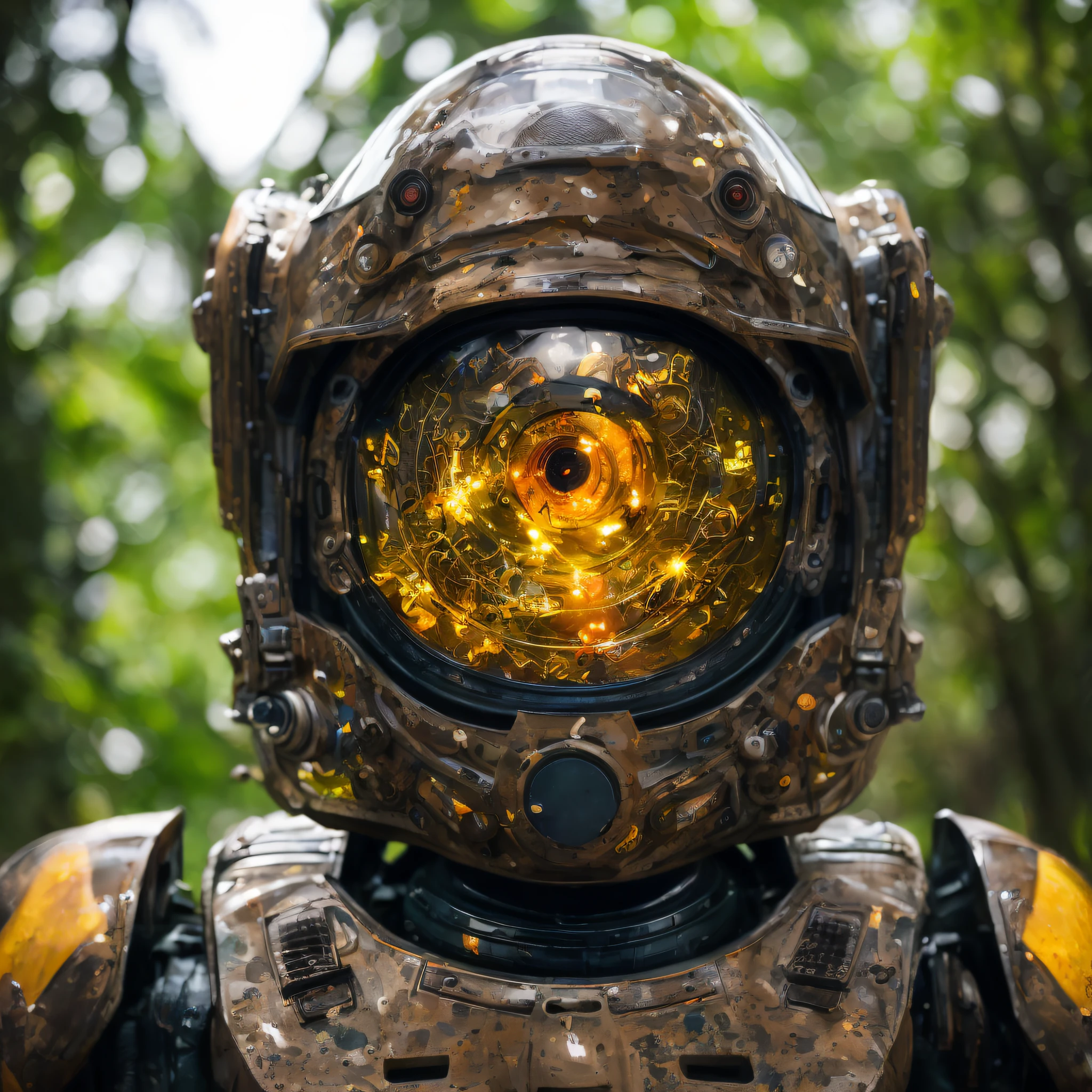 Portrait photo of transparent camo worn mech suit, one central lenticular eye, one big central eye, ((light bokeh)), intricate, ((translucent) liquid water [rust]), elegant, sharp focus, photo by greg rutkowski, soft lighting, vibrant colors, masterpiece, ((dark jungle)), detailed face