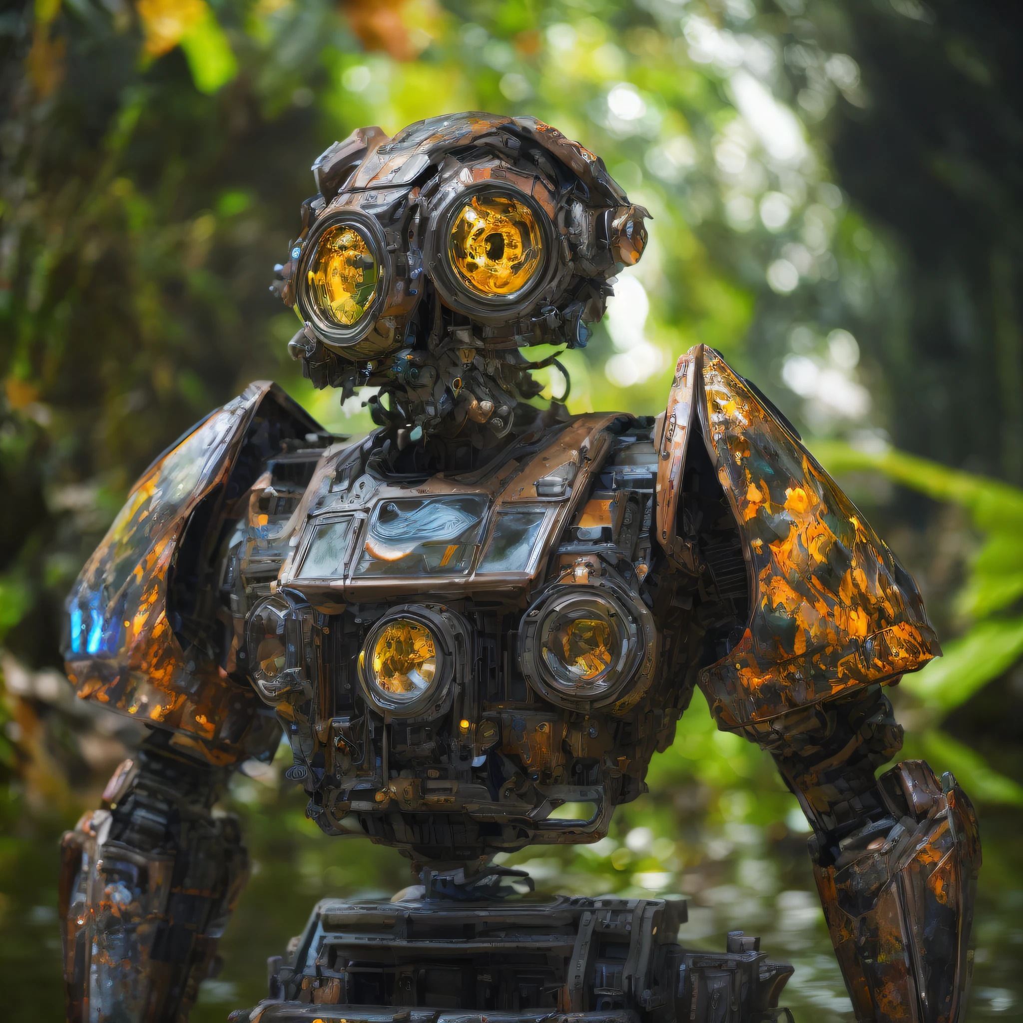Portrait photo of transparent camo worn mech suit, one central lenticular eye, one big central eye, ((light bokeh)), intricate, ((translucent) liquid water [rust]), elegant, sharp focus, photo by greg rutkowski, soft lighting, vibrant colors, masterpiece, ((dark jungle)), detailed face