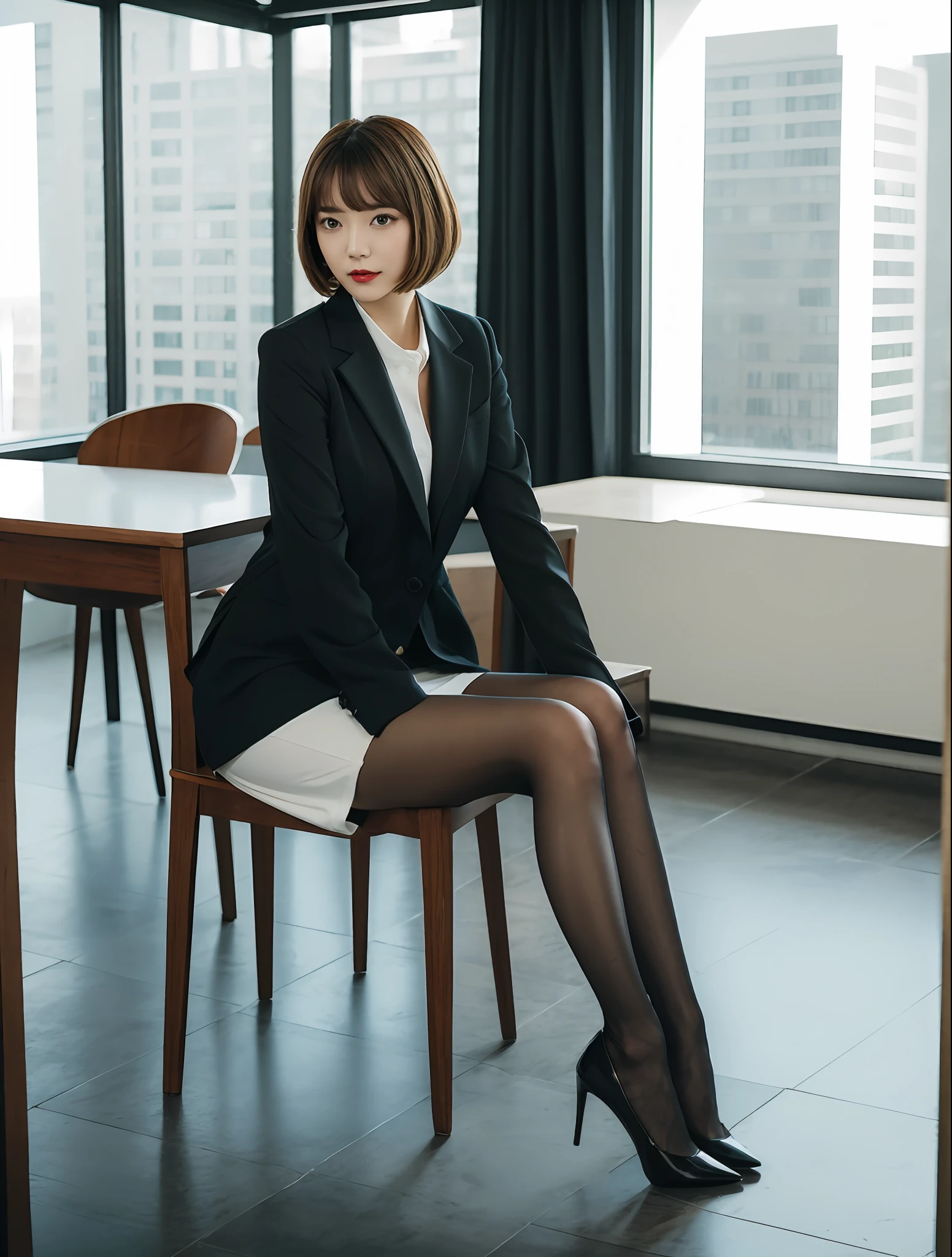 Office Lady, Business suit,White blouse,Black miniskirt, Black pantyhose,ginger bobcut hair,