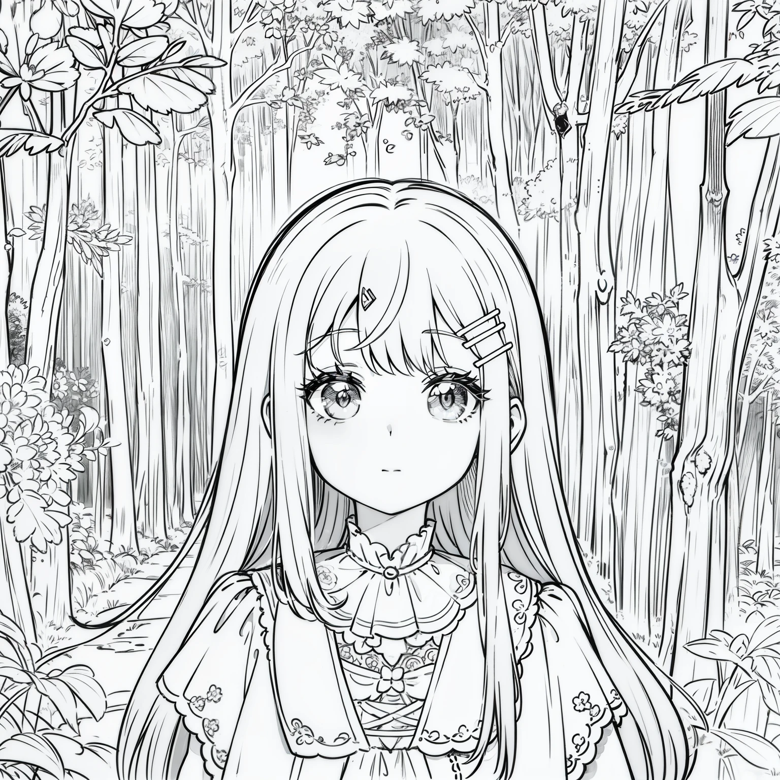 mujer en un bosque , primer plano, con arte lineal, monocromo