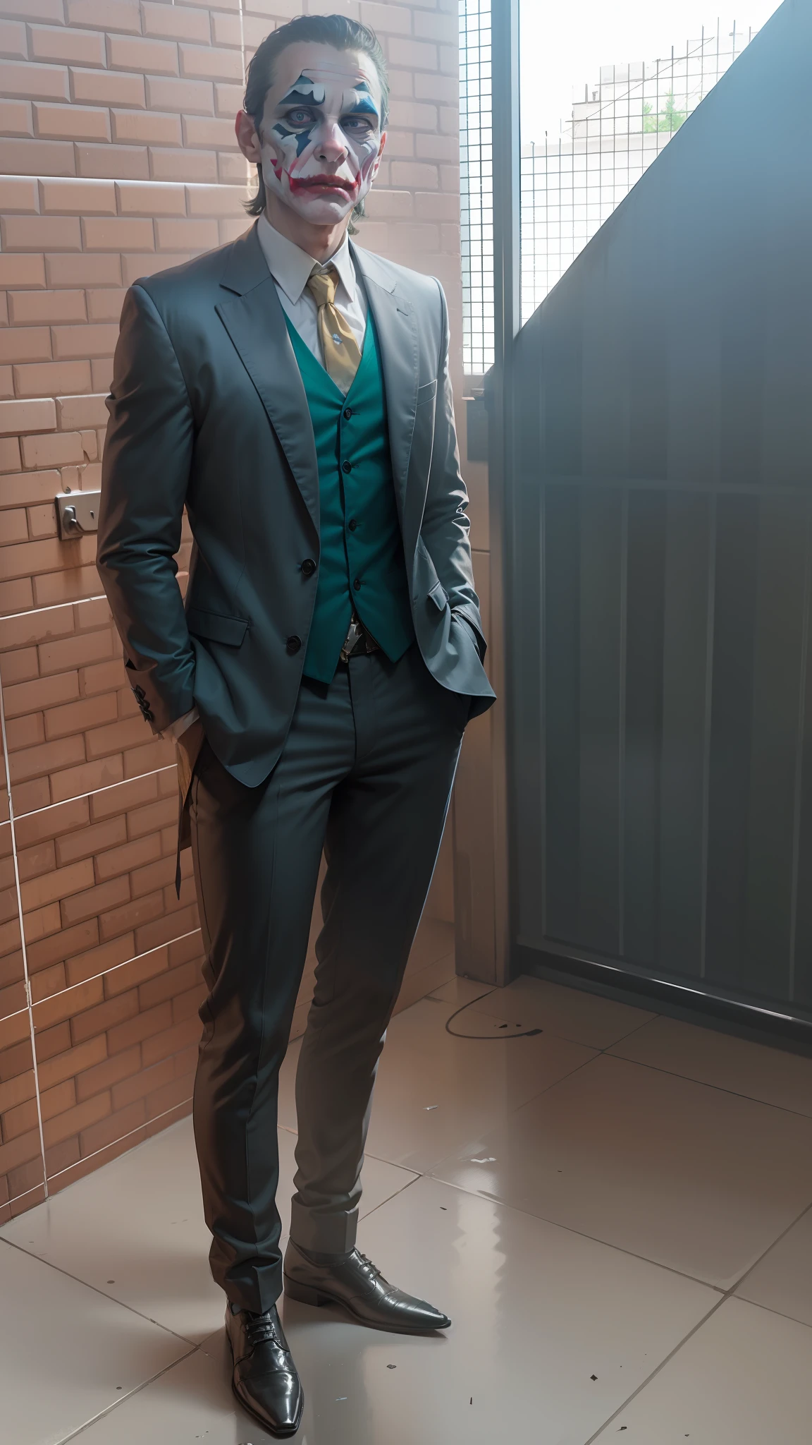 A Joker\(Joker 2019\) ,epic, realistic, faded, neutral colors, ((((hdr)))), ((((muted colors)))), intricate scene, artstation, hyperdetailed, cinematic shot, warm lights, dramatic light, intricate details, vignette, complex background, [[teal and orange]], slate gray atmosphere
