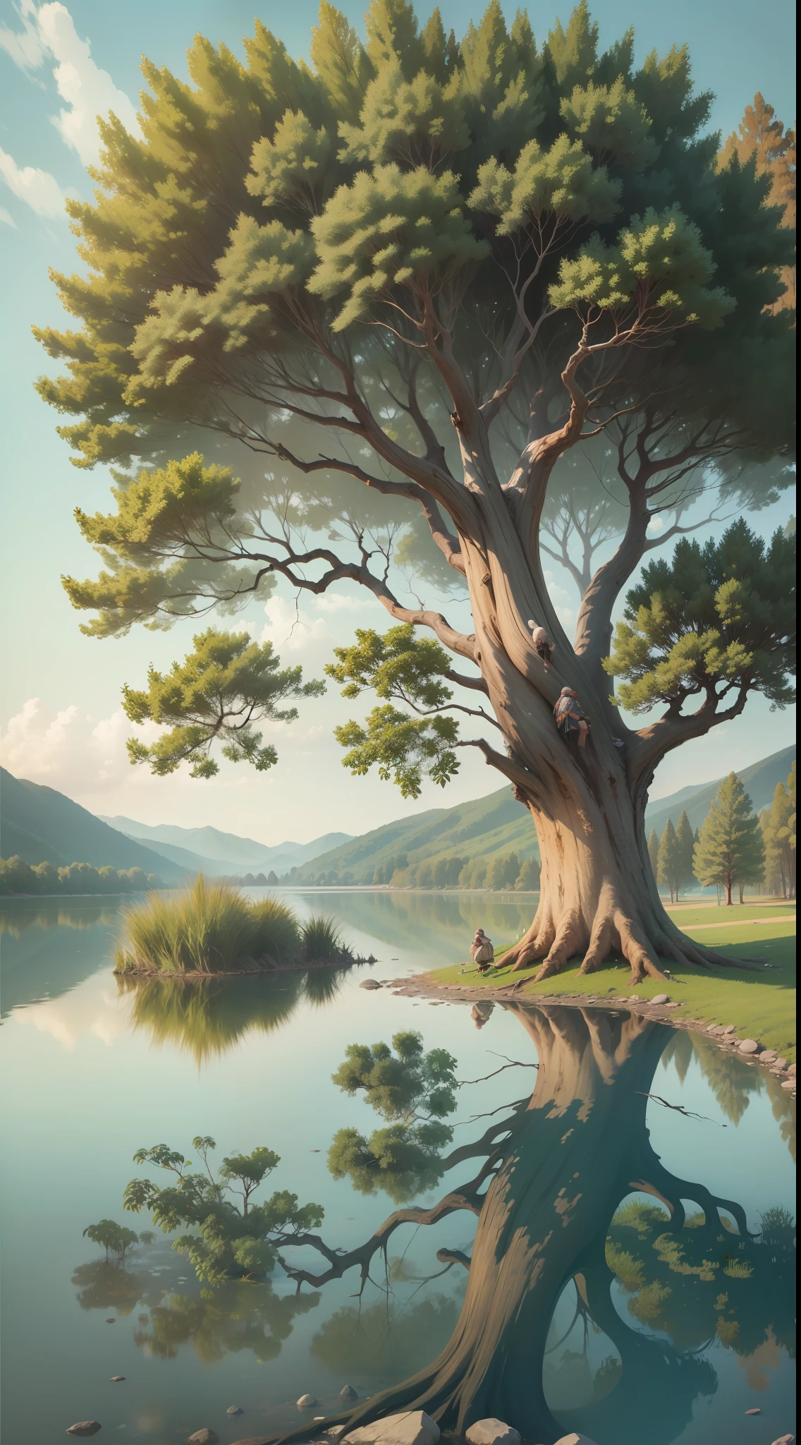 Site with lake and trees, arte vetorial, detalhe intricados, alta qualidade