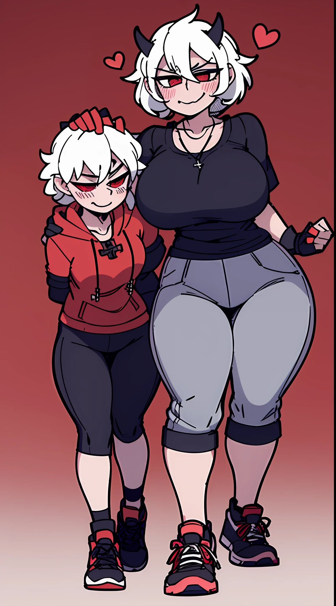 2 girls, close together, height difference, hand on another's head, short and tall, short sleeve hoodie, black fingerless gloves, breasts, arms at sides, wide hips, blush, blushing, thick thighs, night, cross necklace, heart eyes, full body shot, horns on head, demon tail, black white and red outfit, red black and white background colors, black cargo shorts, white hair, tomboy, tall, short hair, smirk, smug, sneakers, running shoes, rolled up pants, exposed calf's, exposed thighs, gym clothes, tank top,
