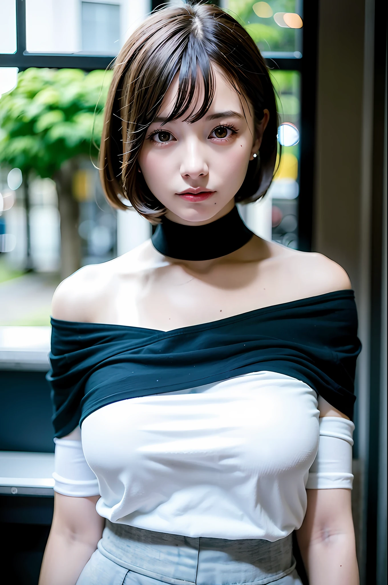 best quality, ultra high res, (photorealistic:1.4), 1girl, off-shoulder white shirt, black tight skirt, black choker, (faded ash gray hair:1), (huge :1.2), looking at viewer, closeup ,