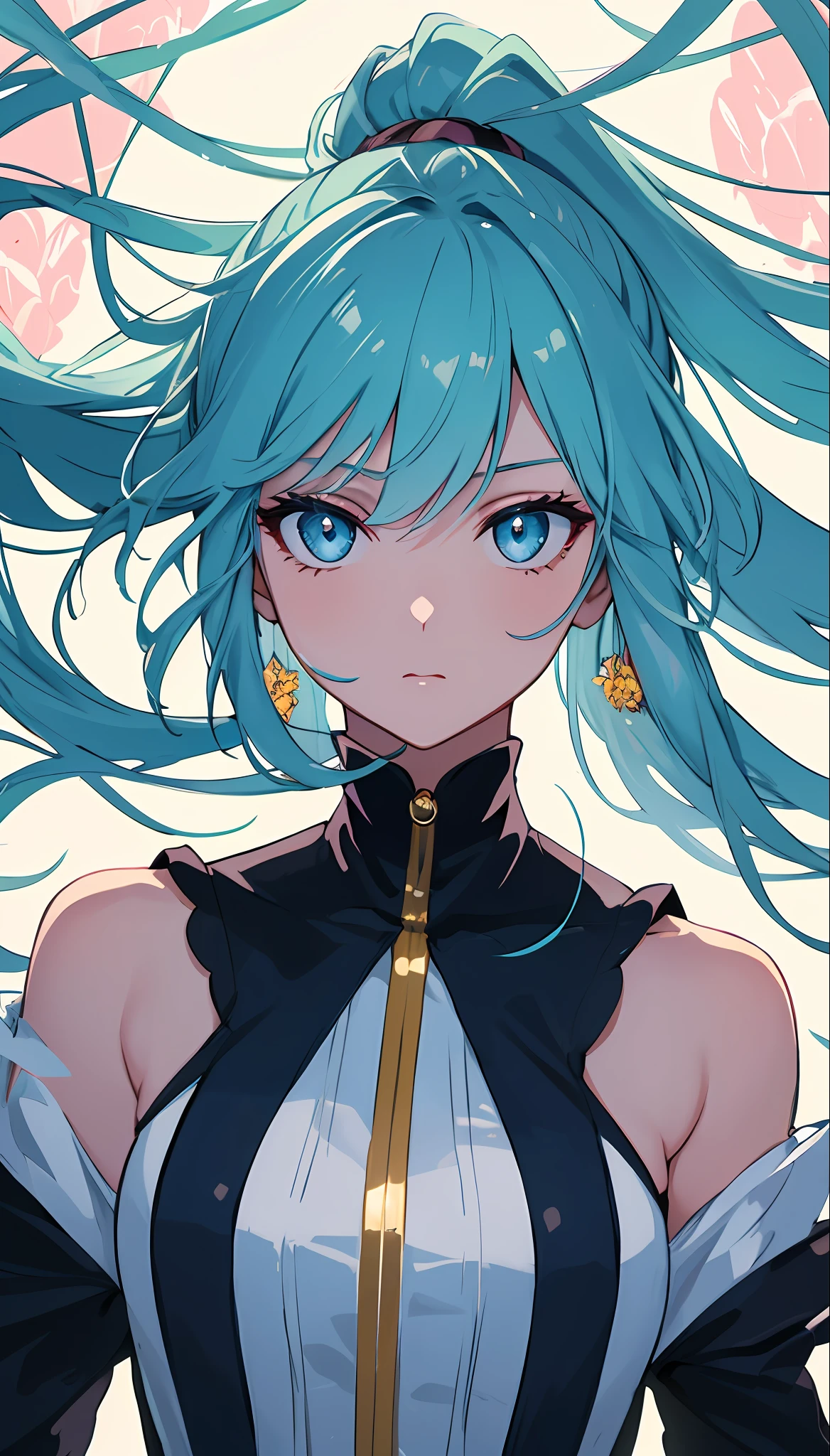 (masterpiece), (best quality), (ultra detailed),(disheveled hair),(illustration), (1girl), (Fashionable clothing), standing, Fashion model, looking at viewer, (interview), (simple background),beautiful detailed eyes, delicate beautiful face, Floating,(high saturation),(colorful splashes),colorful bubble,(shining), focus on face, ponytail, kamisato ayaka, light blue hair, bangs, hair ring, floating flowers, floating hairs, (shining), best lighting, best shadow,