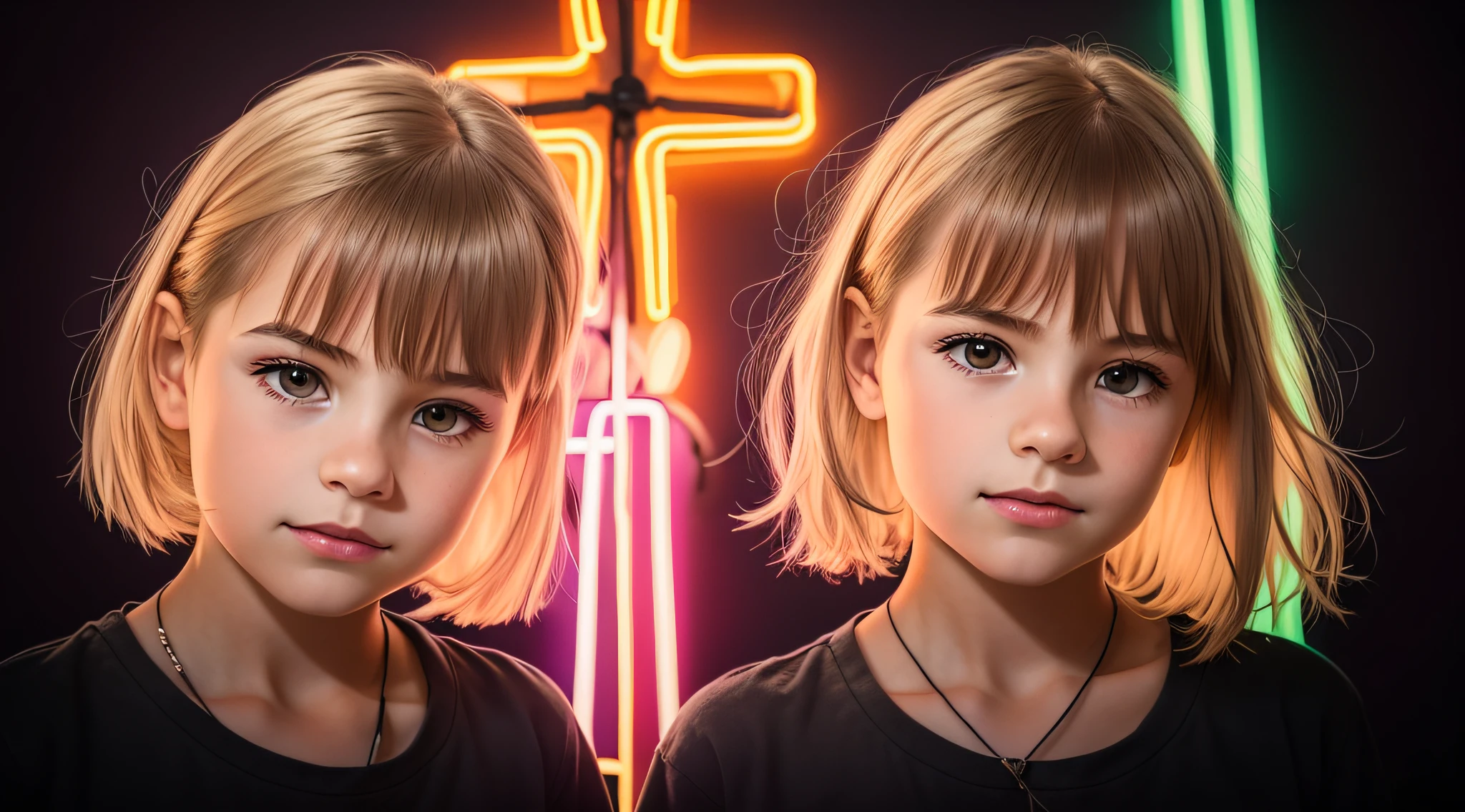 there are two young girls standing next to each other in front of a neon cross, neon cross, beautiful gemini twins portrait, 4k symmetrical portrait, 4k symmetrical portrait, symmetrical centered portrait, portrait symetrical, simetria!! retrato, Bela Sci - Fi-twins, portrait symetrical, color studio portrait, color photograph portrait 4k